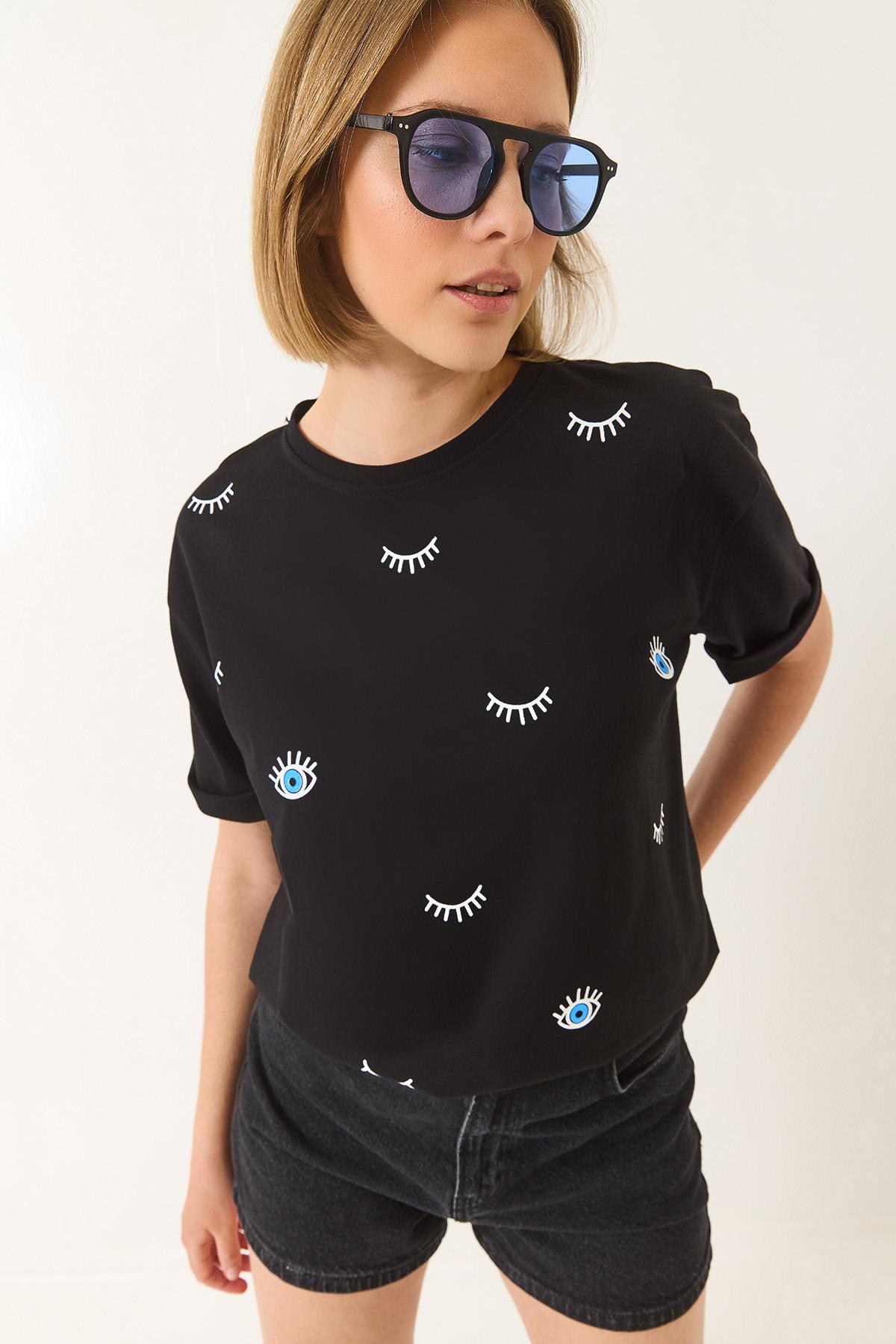 Kadın Göz Baskılı Kısa Kollu Pamuklu Oversize T-Shirt 60283184 - Siyah - Siyah / M
