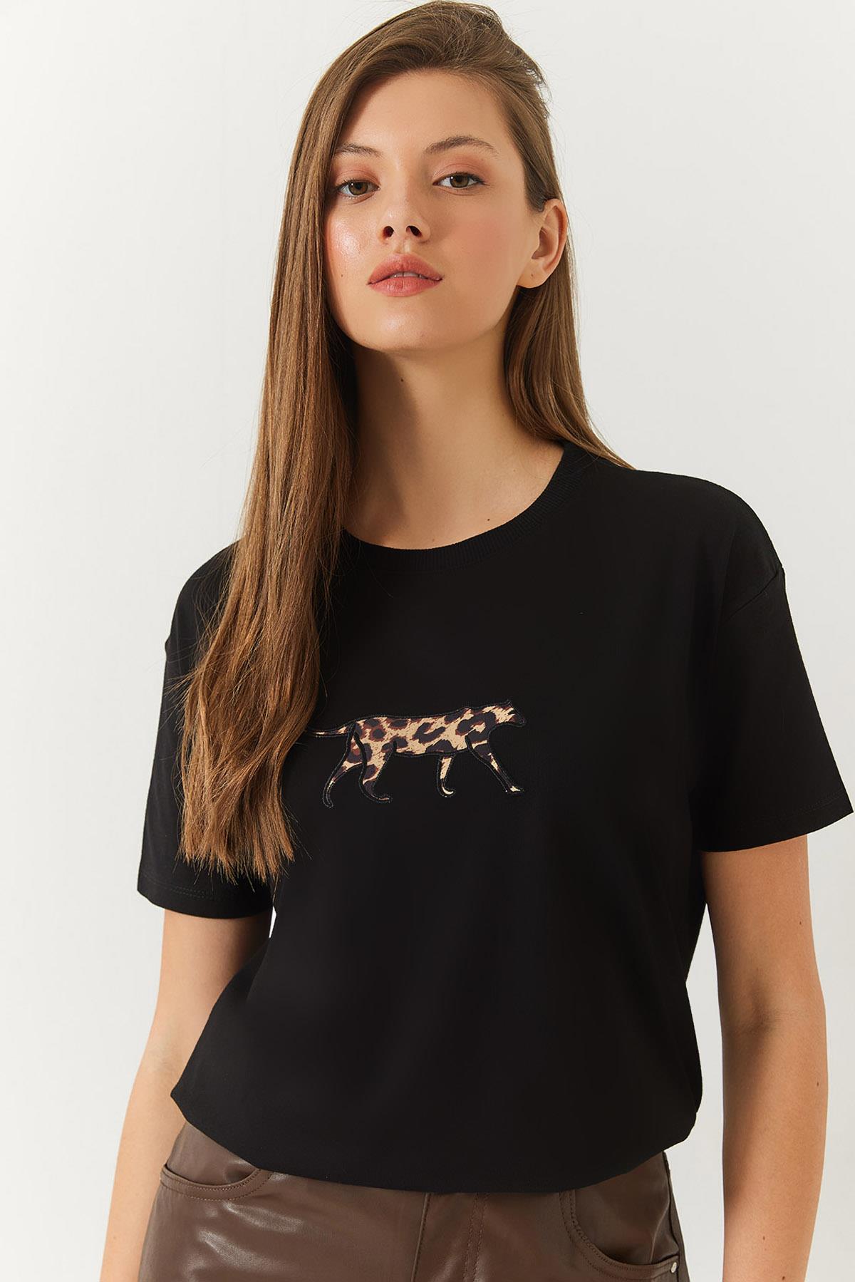 Kadın Leopar Baskılı Tshirt 60602006 - Siyah - Siyah / S