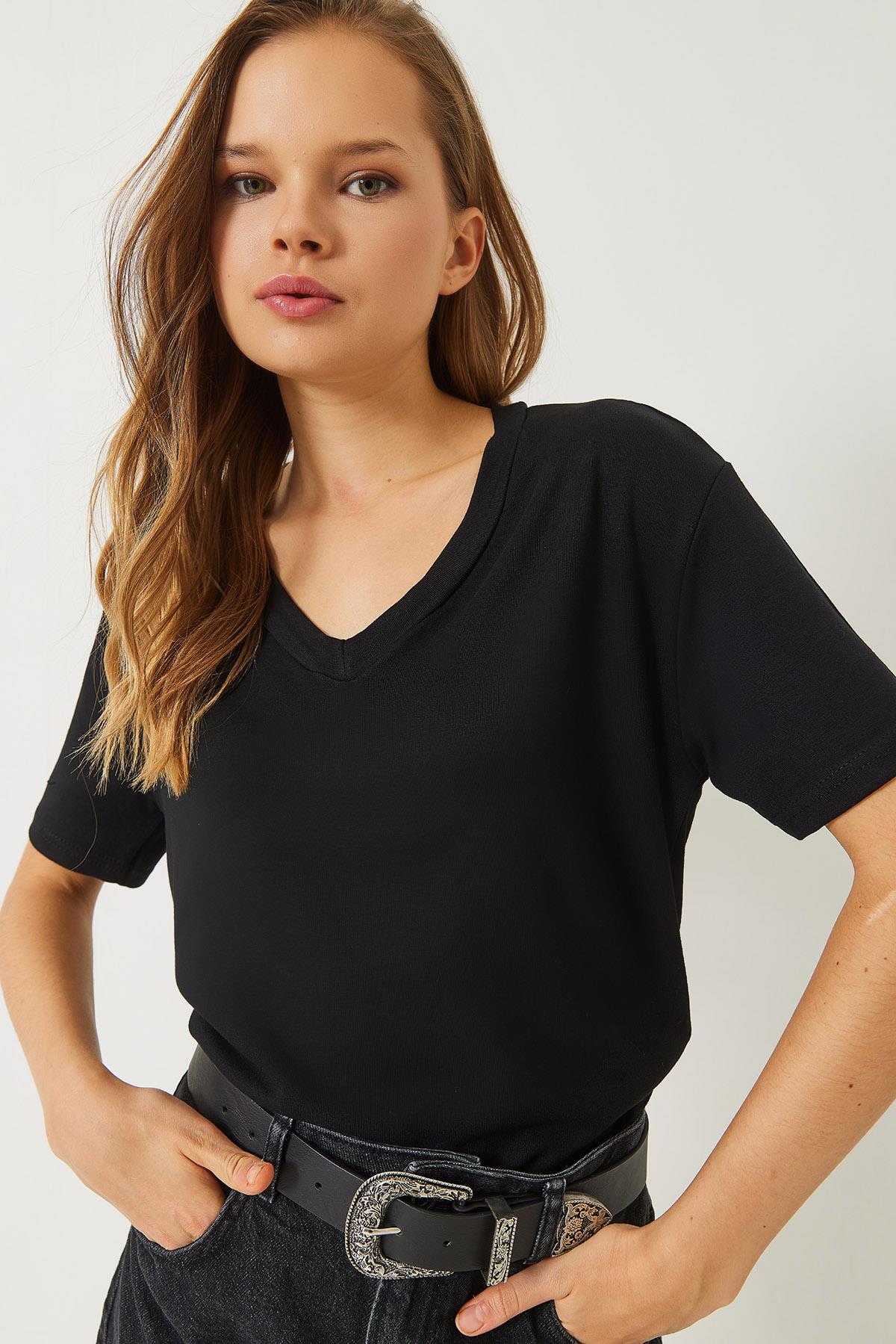Kadın V Yaka Kısa Kollu Viskon T-Shirt 3077 60283074 - Siyah - Siyah / L