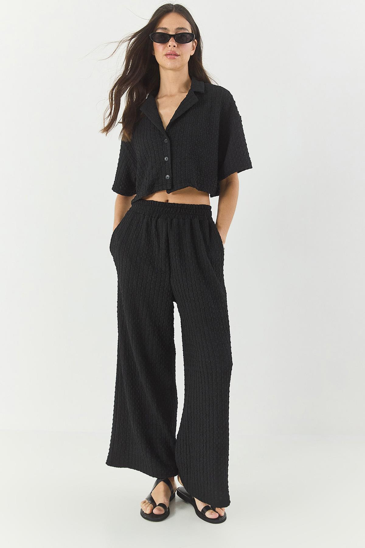 Kadın Gofre Crop Ceket Beli Lastikli Yüksek Bel Pantolonlu Alt-Üst Takım 9313 60281043 - Siyah - Siyah / 38
