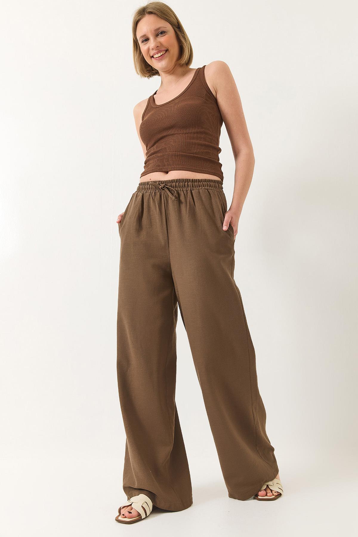 Kadın Beli Lastikli Bağlama Detaylı Cepli Keten Geniş Jogger Pantolon 3235 60281035 - Cappuccino - Cappuccino / 38
