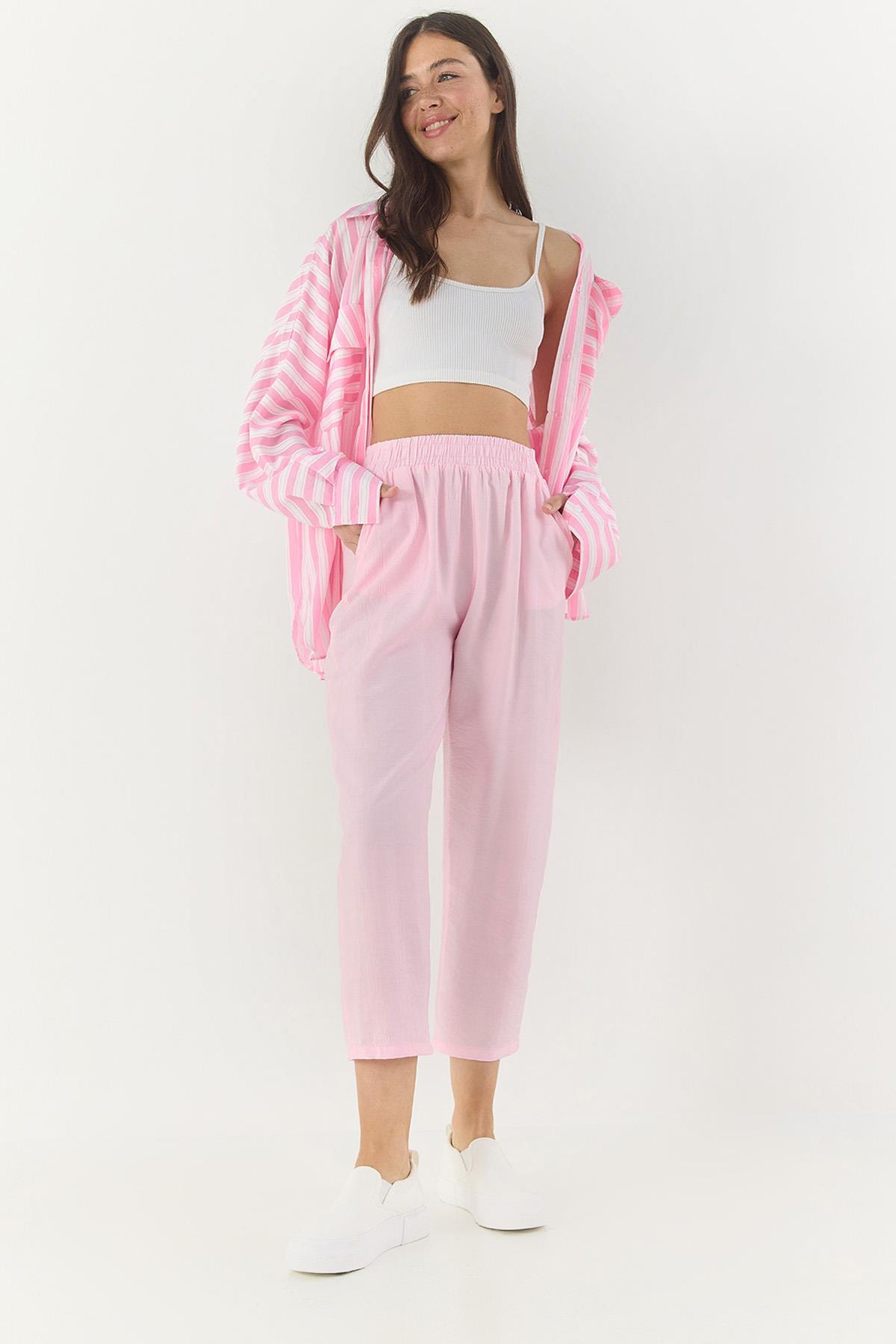 Kadın Beli Lastikli Cep Detaylı İnce Havuç Kesim Pantolon 3876 60281040 - Şeker Pembe - Şeker Pembe / 40