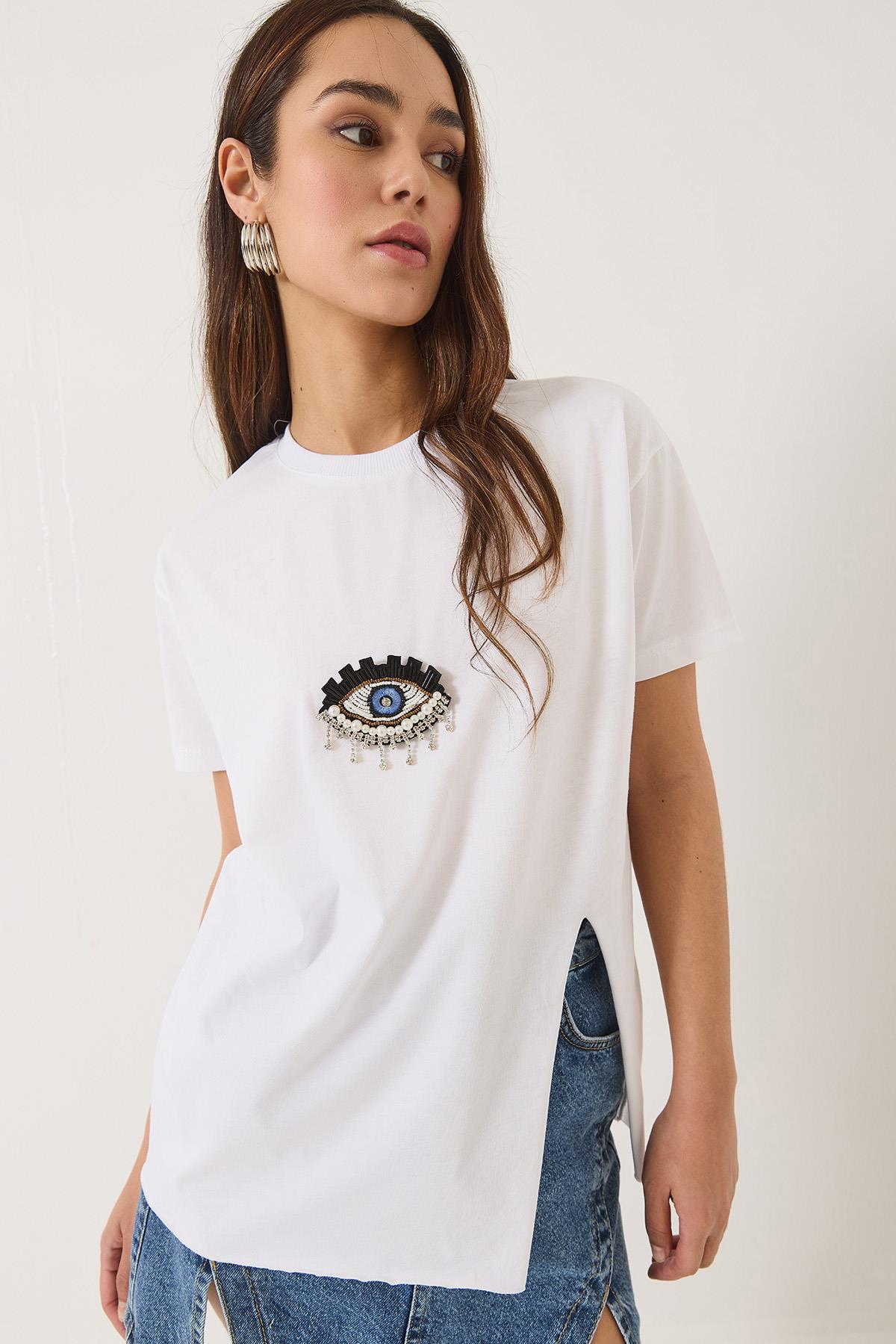 Kadın Pul Payet Aksesuarlı Yırtmaç Detaylı Kısa Kollu T-Shirt 60602029 - Beyaz - Beyaz / S