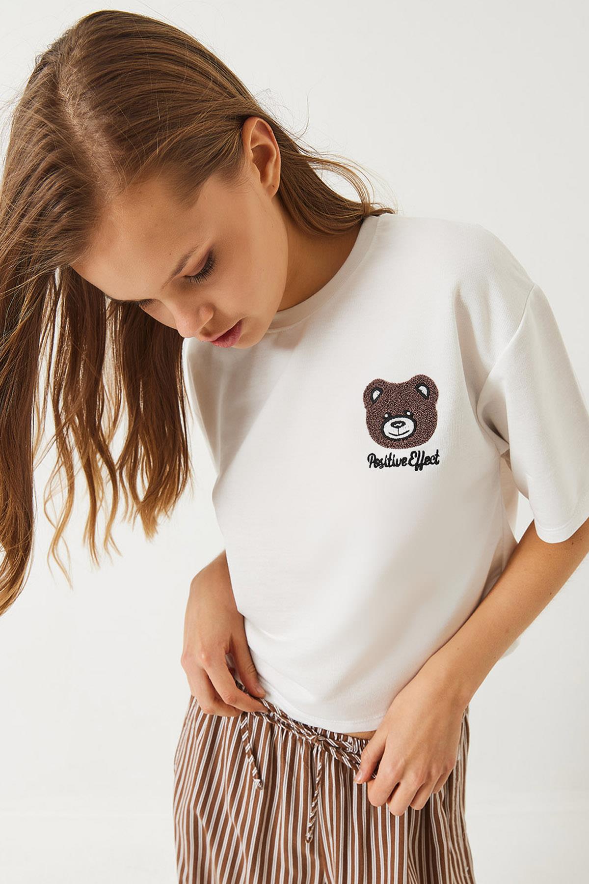 Kadın Teddy Nakışlı Penye Crop T-Shirt 3019 60283090 - Beyaz - Beyaz / S