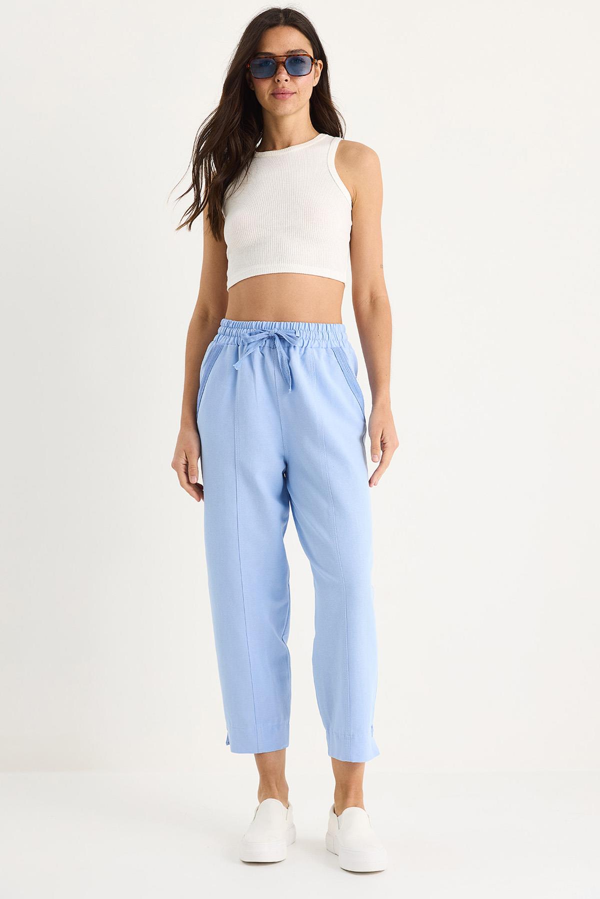 Kadın Keten Beli Lastikli Bağlamalı Paça Detaylı Cepli Havuç Kesim Pantolon 3875 60261419 - Bebe Mavisi - Bebe Mavisi / XL