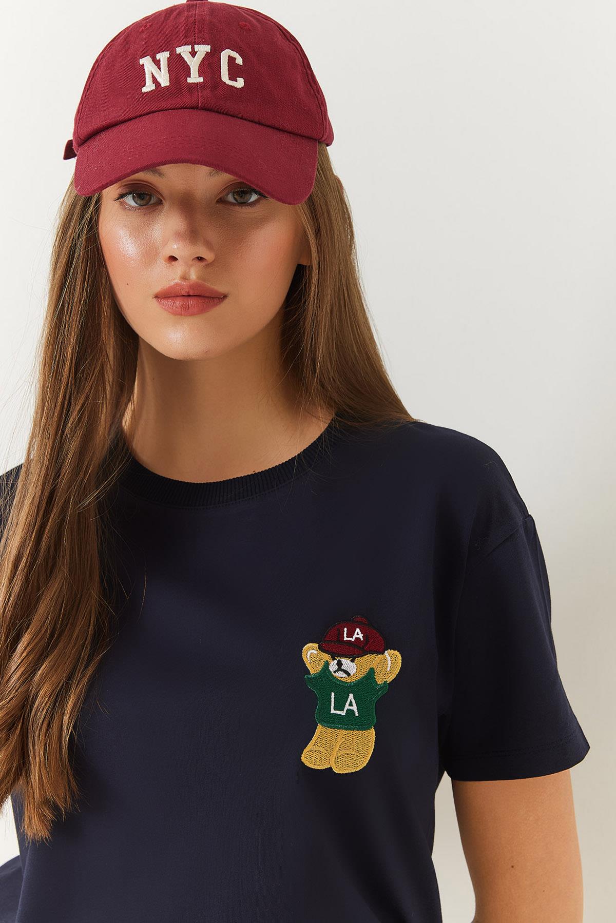 Kadın Ayıcık Baskılı Tshirt 60602007 - Lacivert - Lacivert / S
