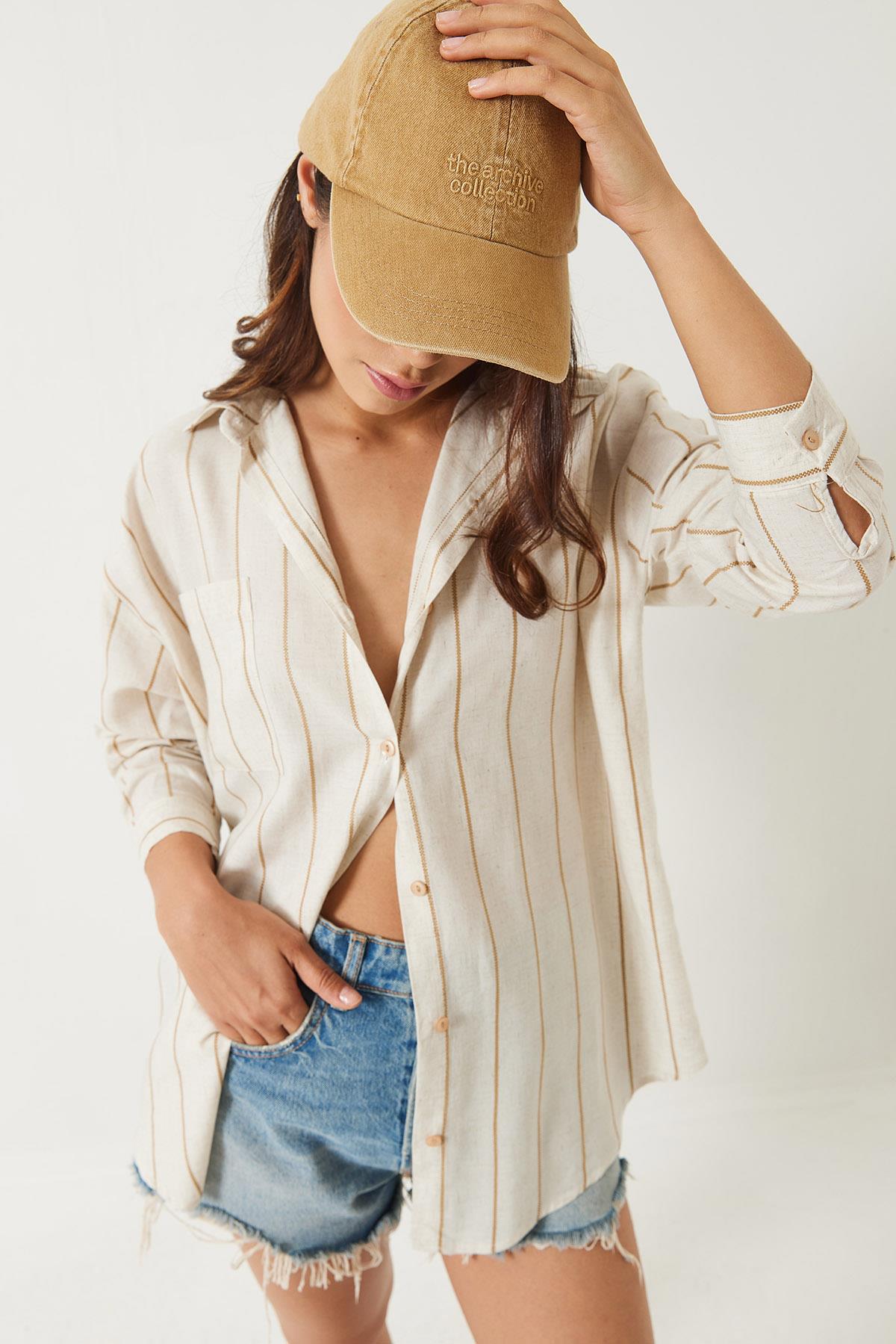 Kadın Çizgili Uzun Kollu Tek Cep Detaylı Keten Oversize Gömlek 60283070 - Bej-Camel - Bej-Camel / L