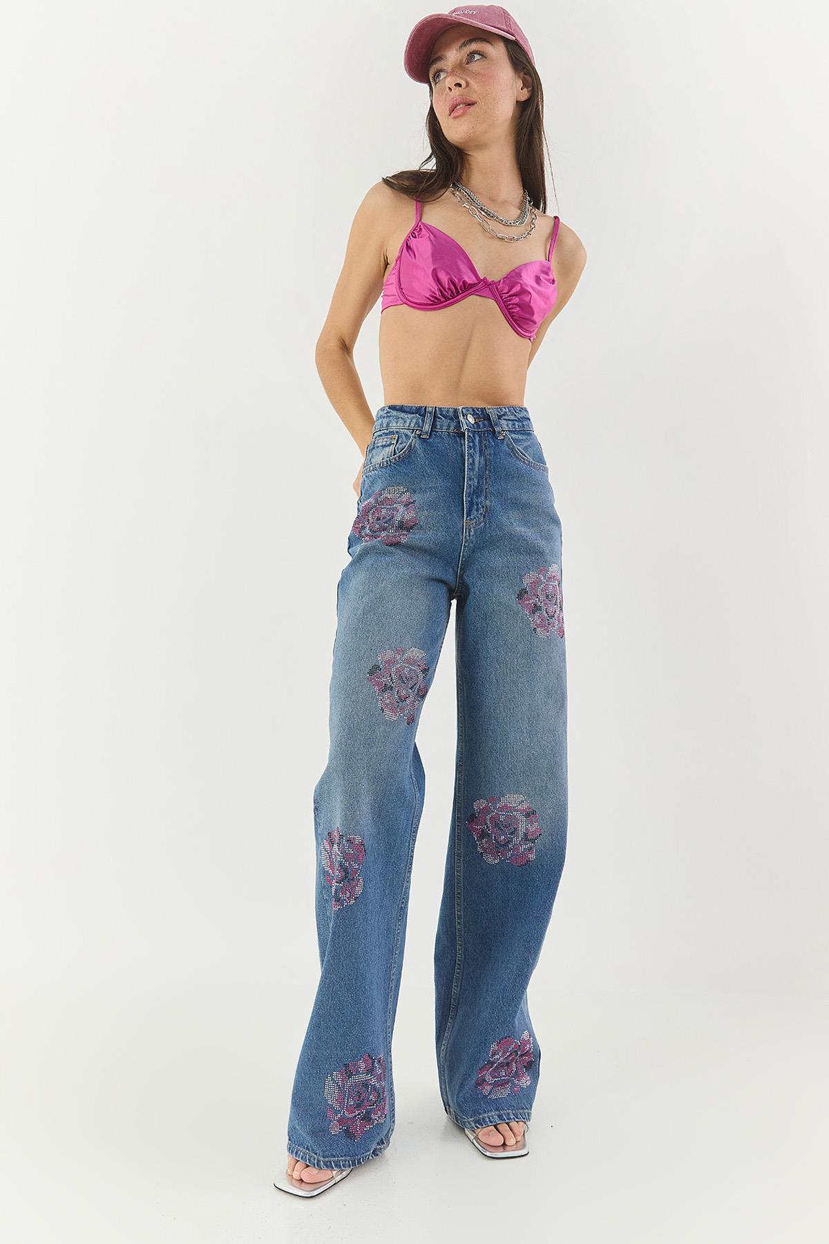 Kadın Gül Desenli Renkli Taş Baskılı Yüksek Bel Straight Denim Pantolon 1071 60283315 - Mavi - Mavi / 38