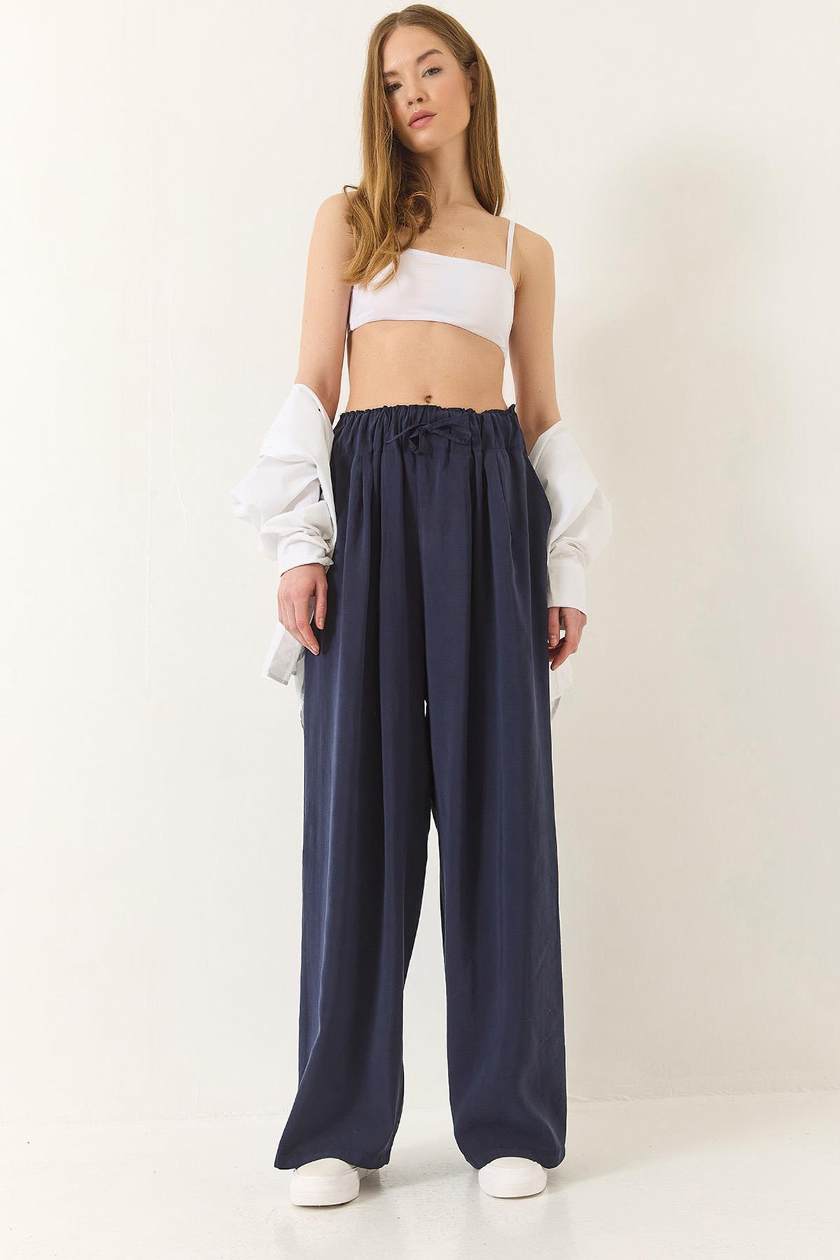 Kadın Yüksek Bel Geniş Lastikli Oversize Palazzo Pantolon 80165 60271071 - Lacivert - Lacivert / 36