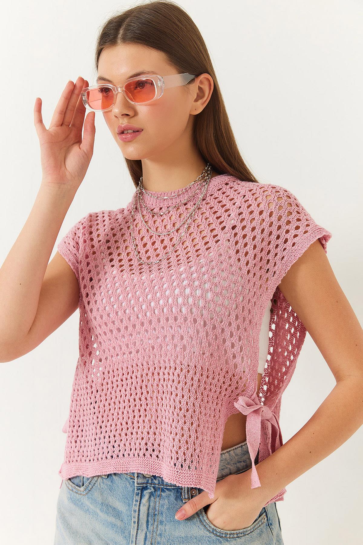 Kadın Yandan Bağlama Detaylı Ajurlu Bisiklet Yaka Süveter 60261568 - Pembe - Pembe / Tek Ebat