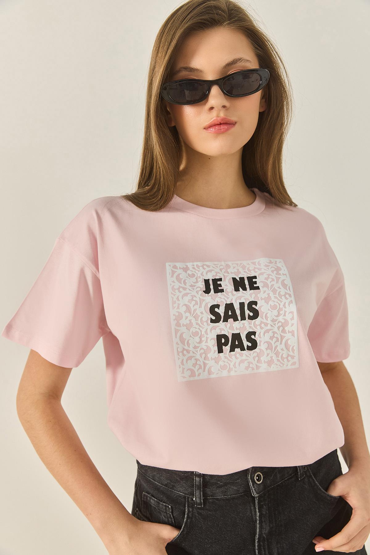 Kadın Bisiklet Yaka Kısa Kollu Baskılı Pamuklu Salaş T-Shirt 5447 60283289 - Pudra - Pudra / M