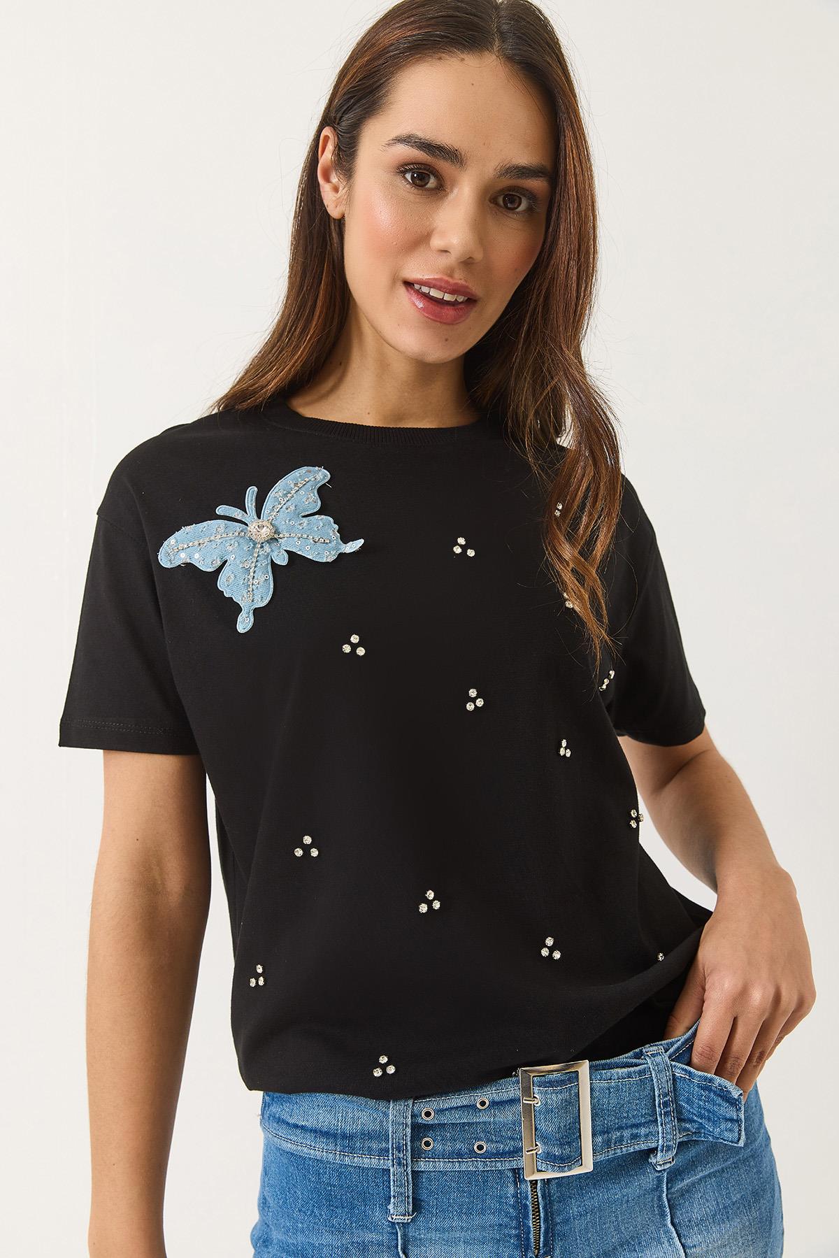 Kadın Kelebek Aksesuarlı Taş İşlemeli Kısa Kollu T-Shirt 60602036 - Siyah - Siyah / S