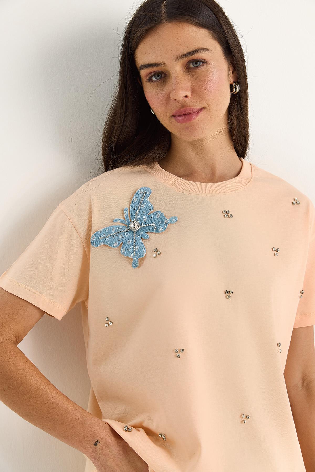 Kadın Kelebek Aksesuarlı Taş İşlemeli Kısa Kollu T-Shirt 60602036 - Yavru Ağzı - Yavru Ağzı / S