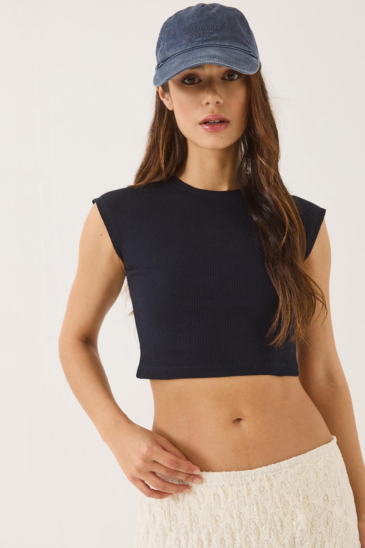 Kadın Bisiklet Yaka Kısa Kollu Basic Kaşkorse Crop Top T-Shirt 60602044 - Lacivert - Lacivert / M