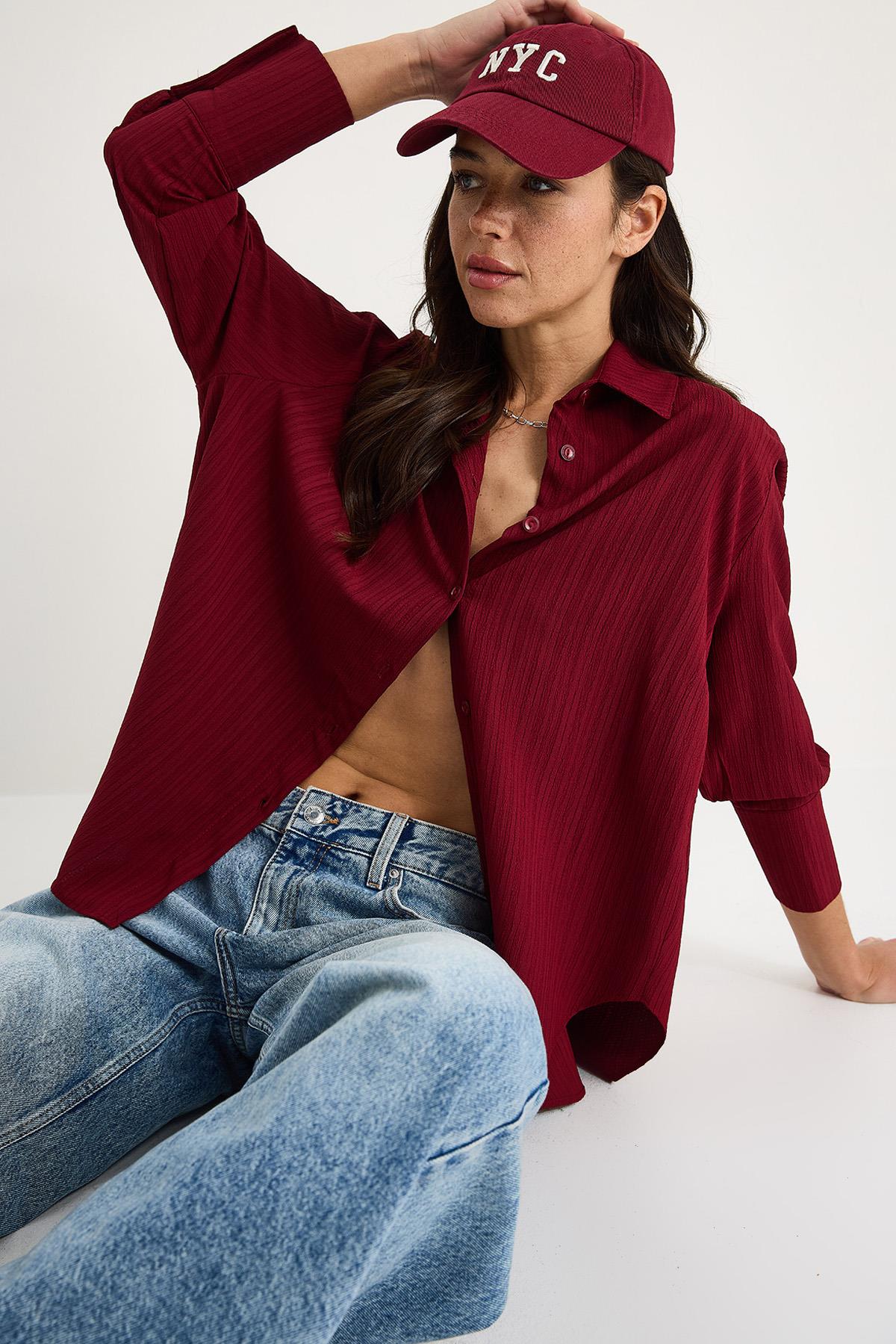 Kadın Düşük Omuz Oversize Basic Bürümcük Gömlek 60392 60271069 - Bordo - Bordo / M