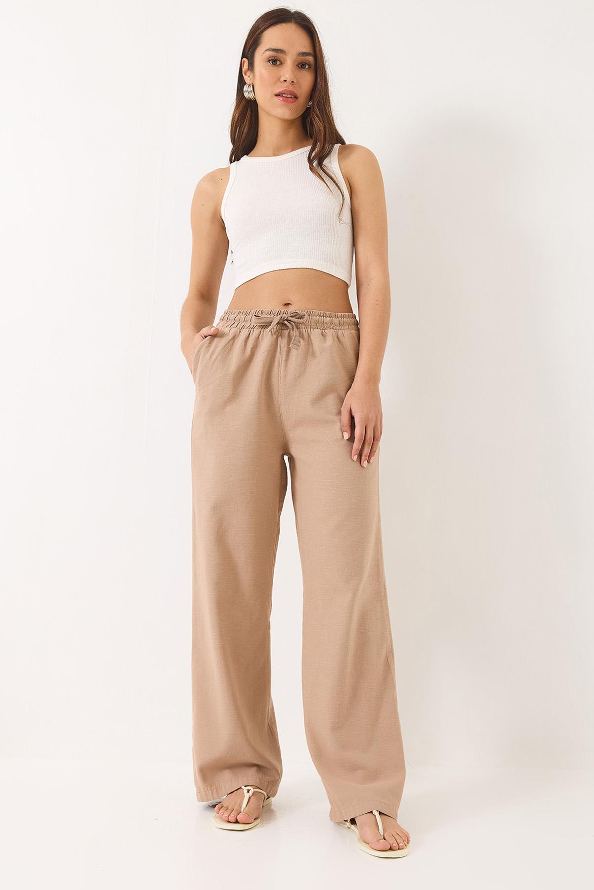Kadın Belli Lastikli Cep Detaylı Keten Palazzo Pantolon YP5118 60283038 - Vizon - Vizon / XL