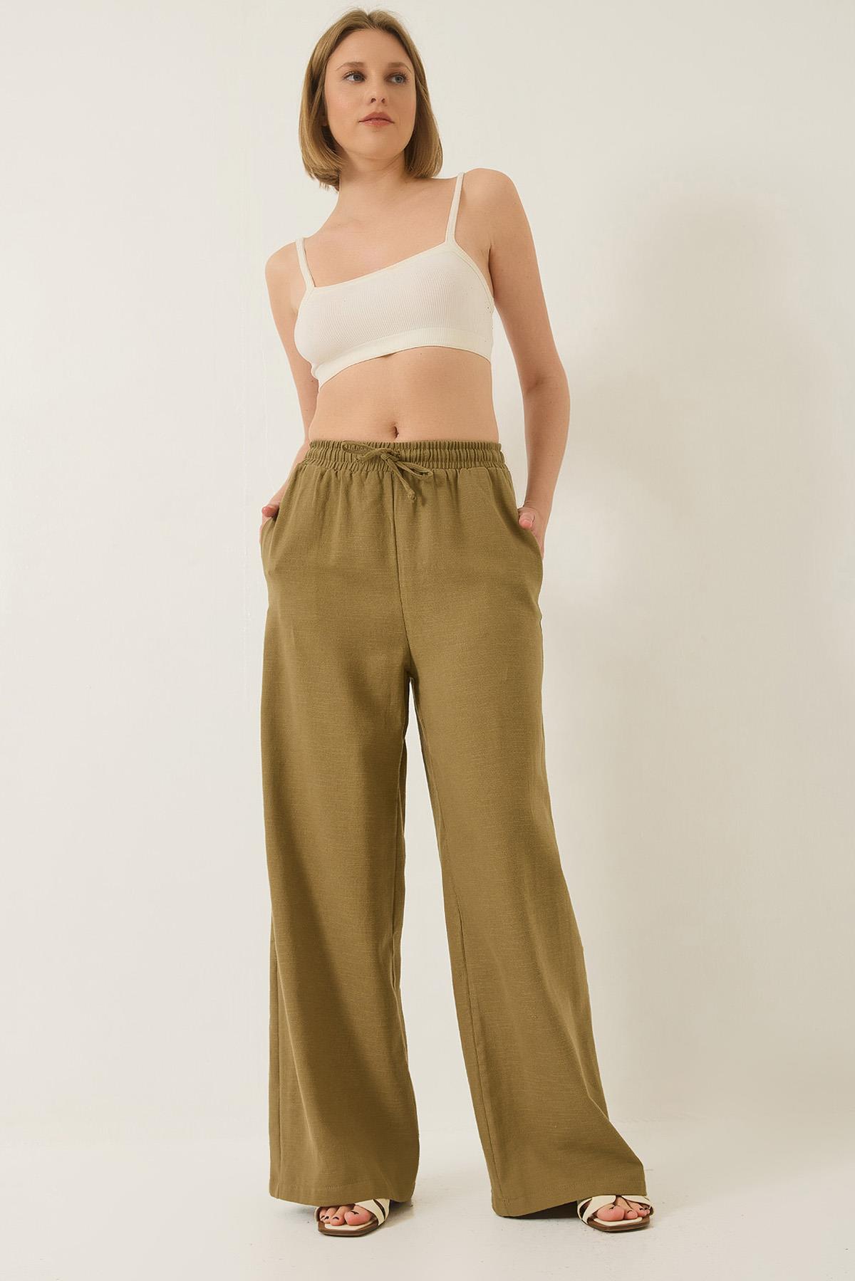 Kadın Beli Lastikli Bağlama Detaylı Cepli Keten Geniş Jogger Pantolon 3235 60281035 - Çağla Yeşili - Çağla Yeşili / 36