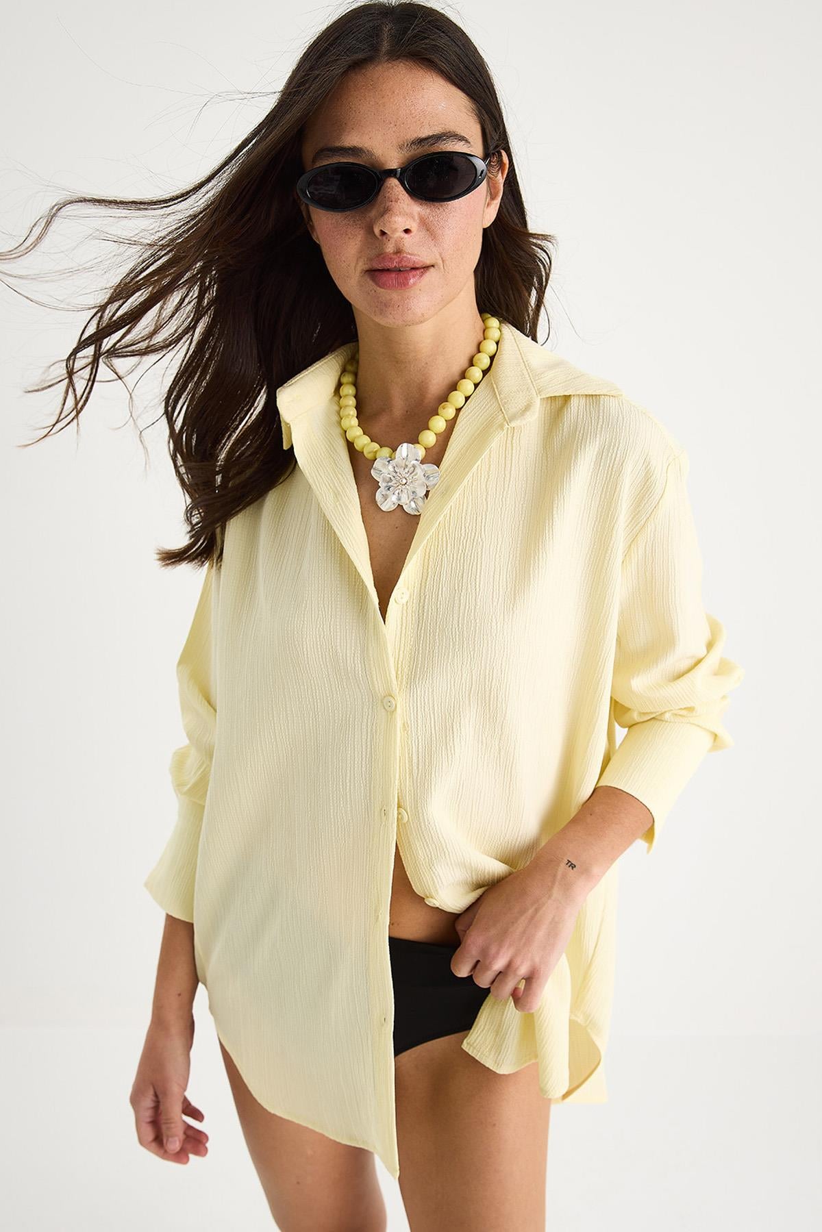 Kadın Düşük Omuz Oversize Basic Bürümcük Gömlek 60392 60271069 - Sarı - Sarı / S