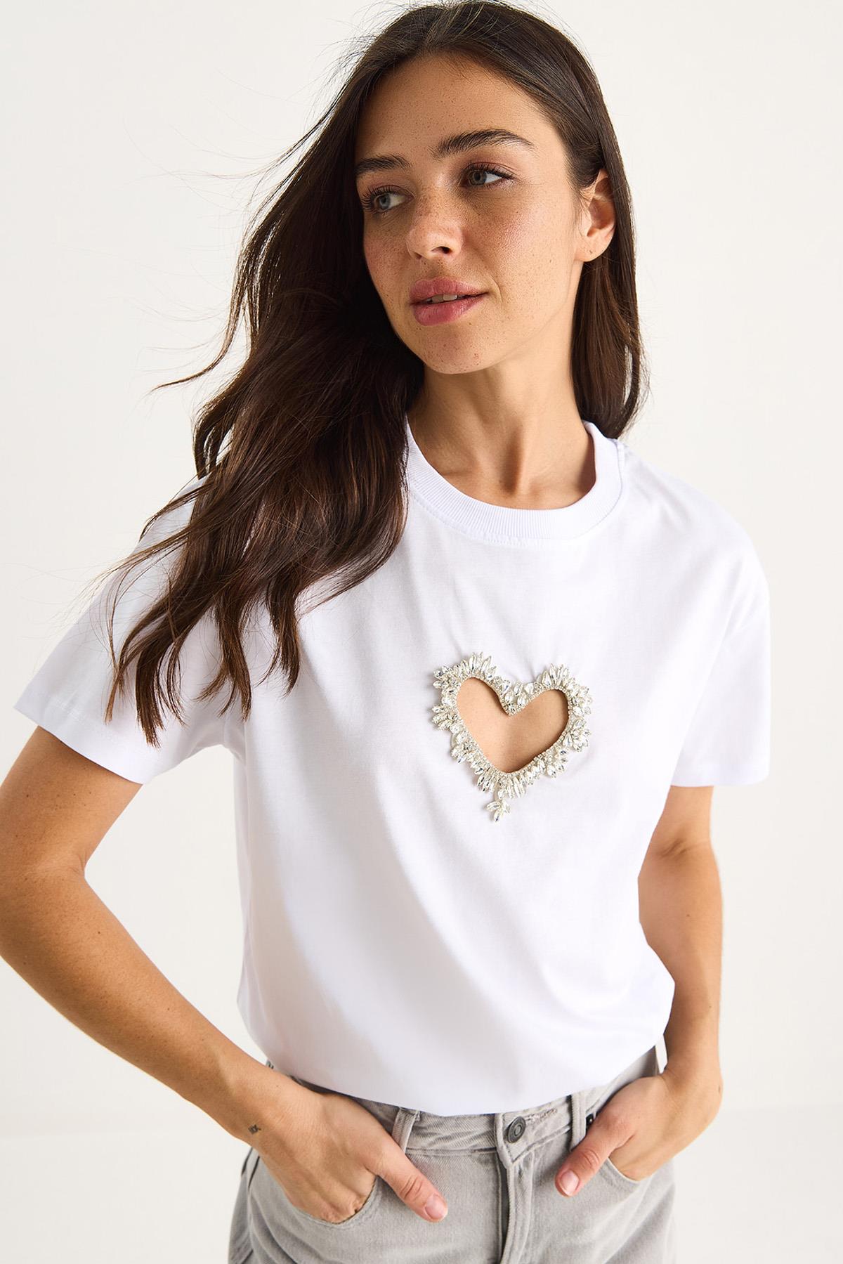 Kadın Taşlı Kalp Pencereli Pamuklu T-Shirt 60602073 - Beyaz - Beyaz / M