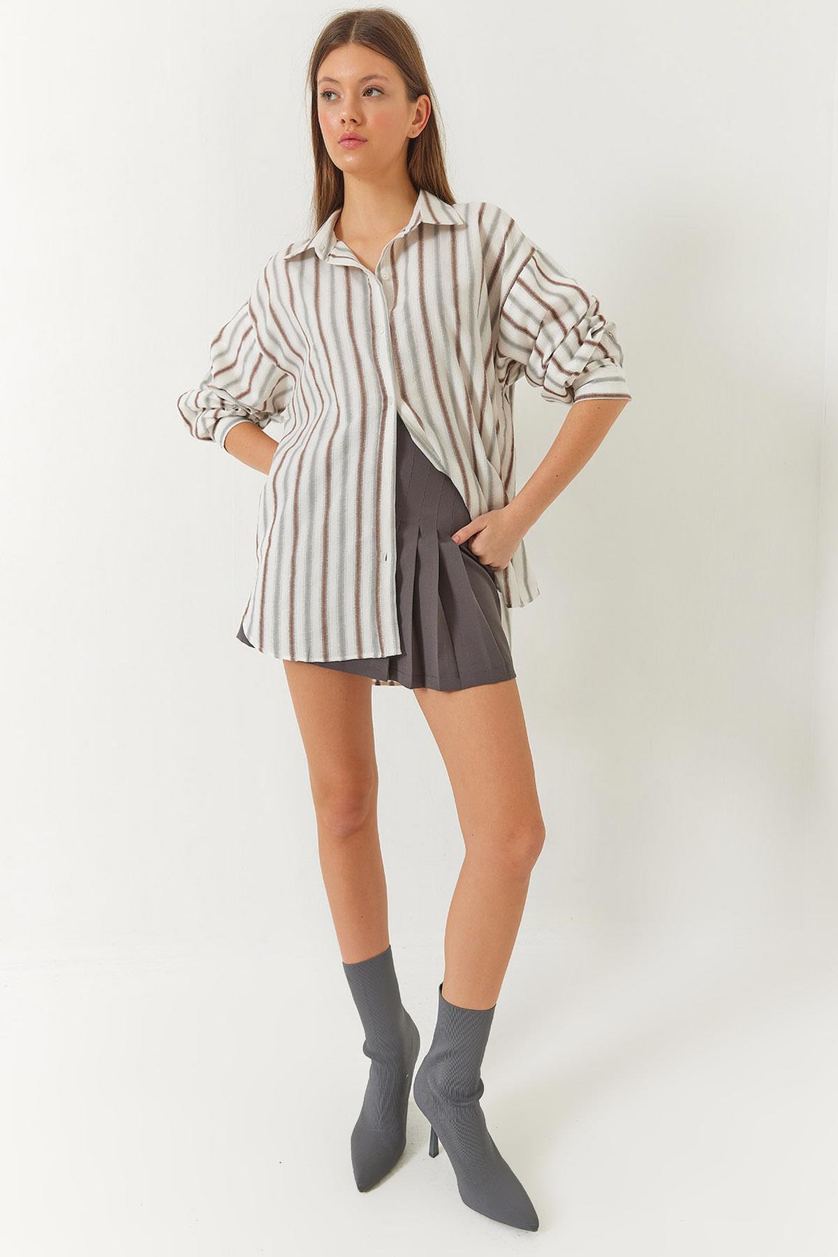 Kadın Keten Oversize Çizgili Basic Gömlek 60261417 - Kahve - Kahve / L