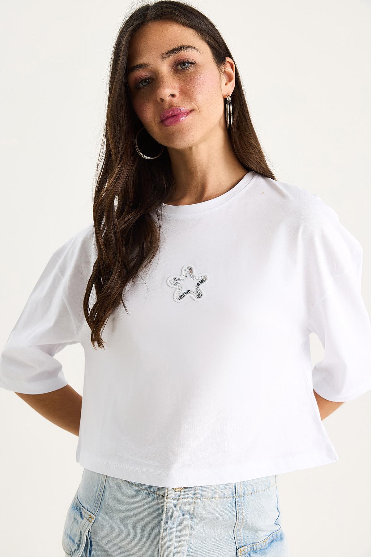 Kadın Yıldız Nakışlı Bisiklet Yaka %100 Pamuklu Crop T-Shirt 6703 60283449 - Beyaz - Beyaz / M