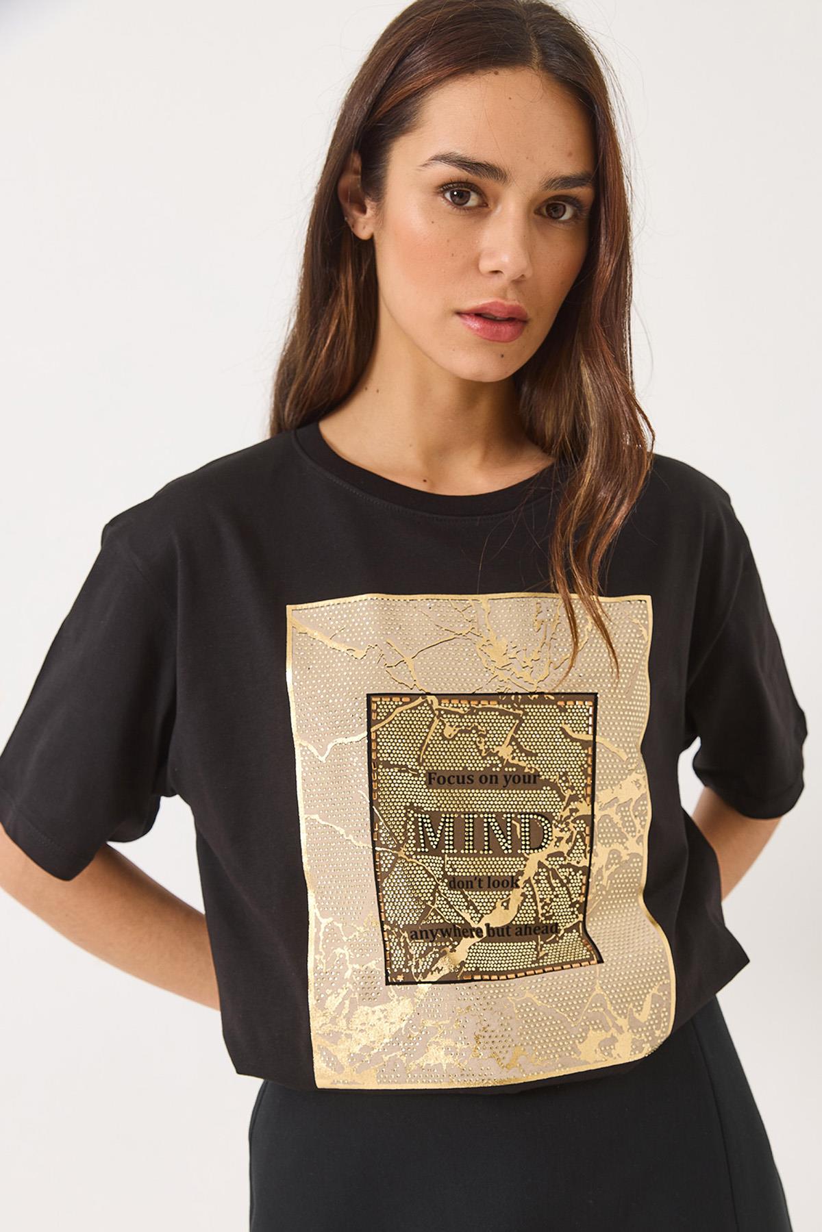 Kadın Bisiklet Yaka Kısa Kollu Taş Baskılı Oversize T-Shirt 60283036 - Siyah - Siyah / S
