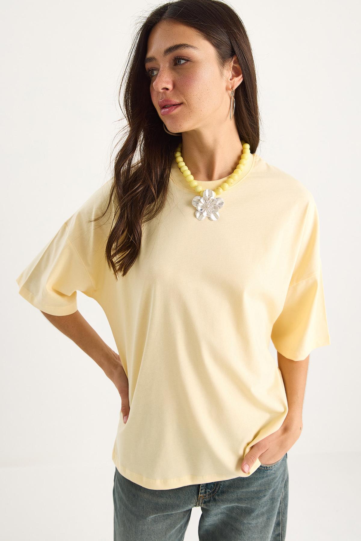Kadın %100 Organik Pamuk Oversize Basic T-Shirt 60602065 - Tereyağ - Tereyağ / S