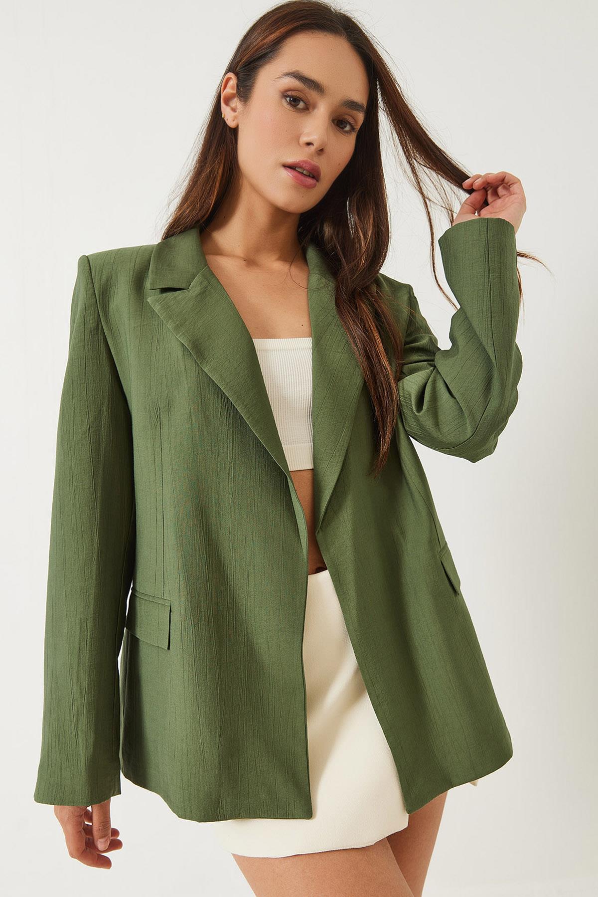 Kadın Vatkalı Astarı Çizgili Çilek Kumaş Blazer Ceket 50178 60283002 - Yeşil - Yeşil / M