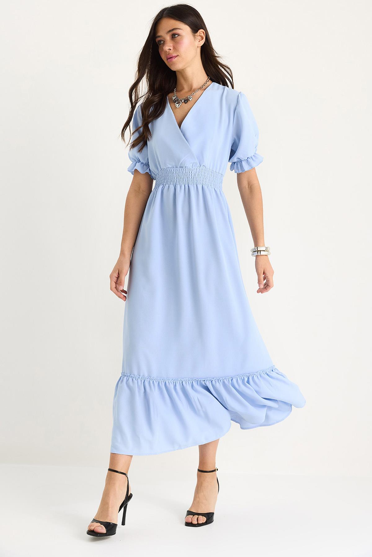 Kadın Kruvaze Yaka Beli Gipe Detaylı Kolları Lastikli Elbise 5246 60281076 - Bebe Mavisi - Bebe Mavisi / 40