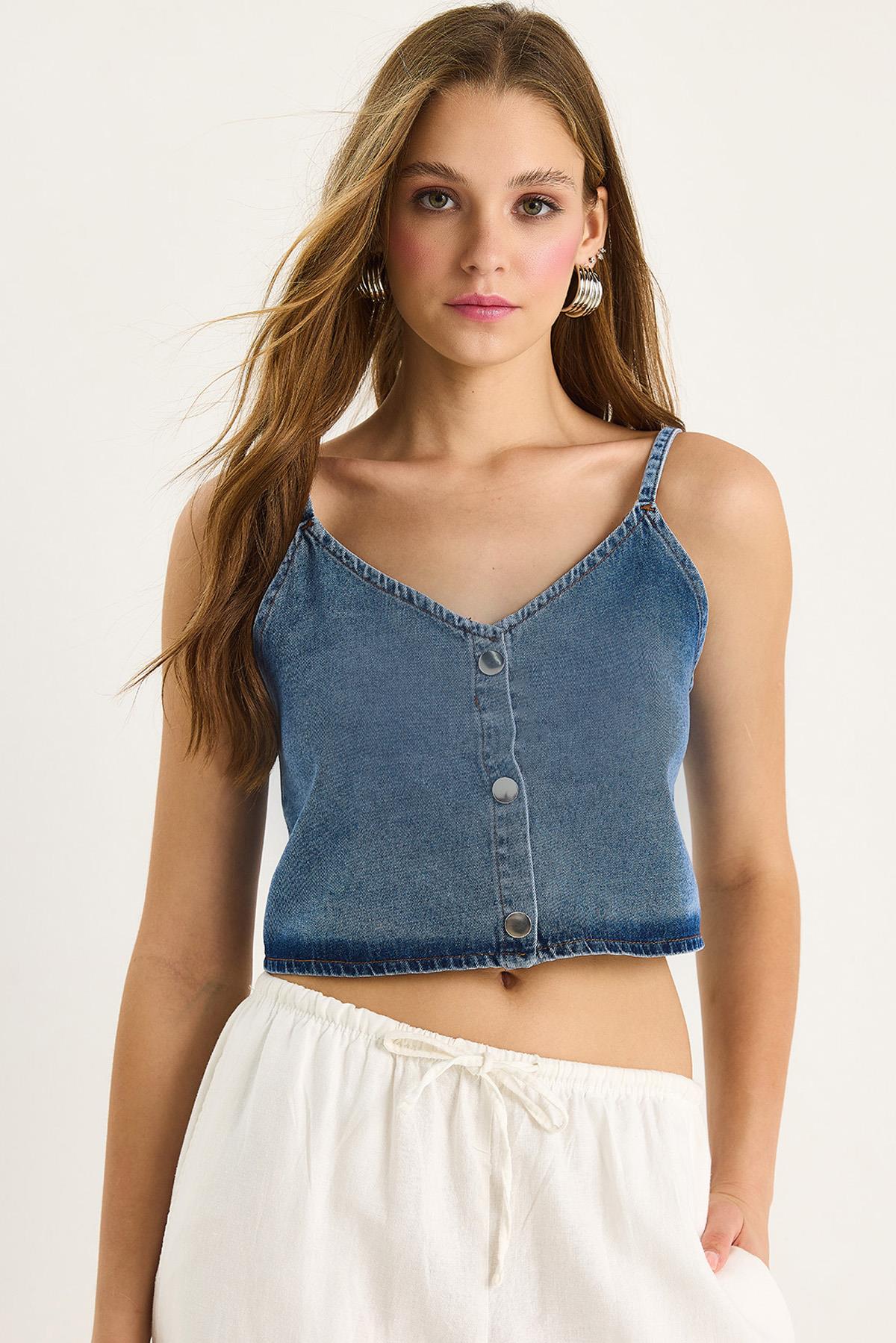 Kadın İnce Askılı V Yaka Crop Denim Bluz 6079 60281078 - Mavi - Mavi / 36