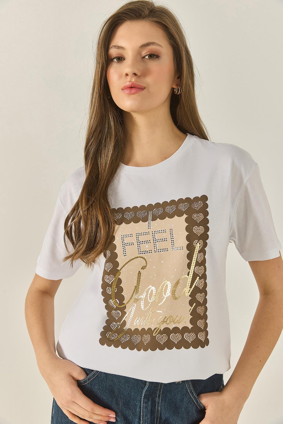 Kadın Varak Baskılı Taş Detaylı Kısa Kollu Bisiklet Yaka Pamuklu T-Shirt 60283309 - Beyaz - Beyaz / M