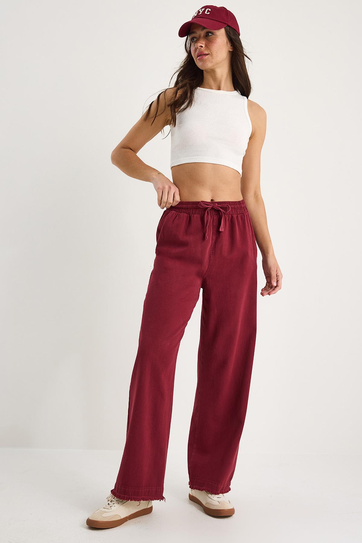 Kadın Beli Lastikli Paça Detaylı Palazzo Kalıp Pamuk Gabardin Yazlık Pantolon 60283323 - Bordo - Bordo / XL