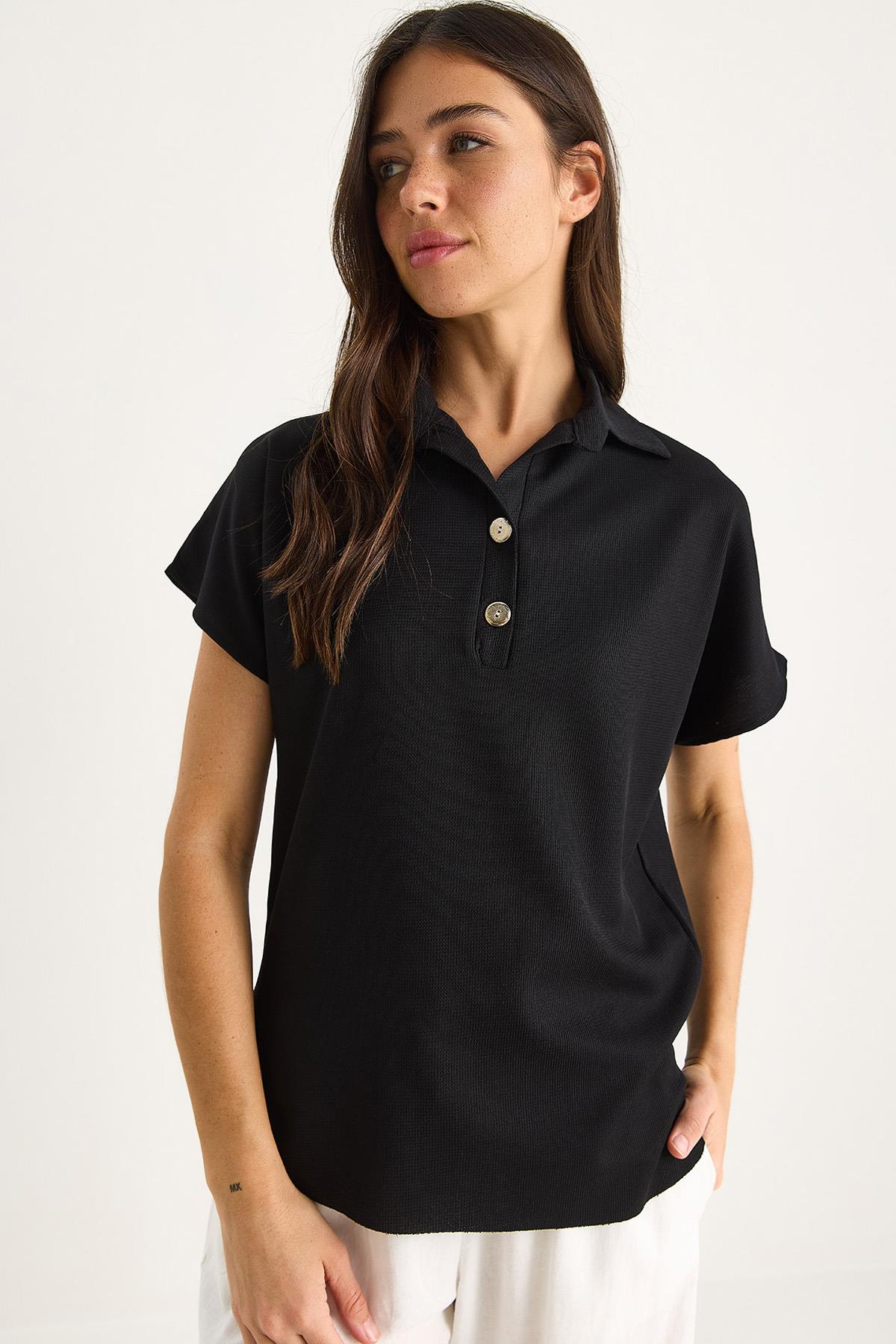 Kadın Polo Yaka Oval Etek Uçlu Rahat T-Shirt 4070 60283402 - Siyah - Siyah / S