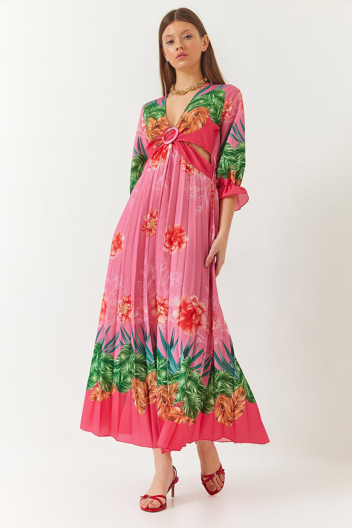 Kadın Pencere Detaylı V Yaka Piliseli Desenli Elbise 22254 60261436 - Pembe - Pembe / S