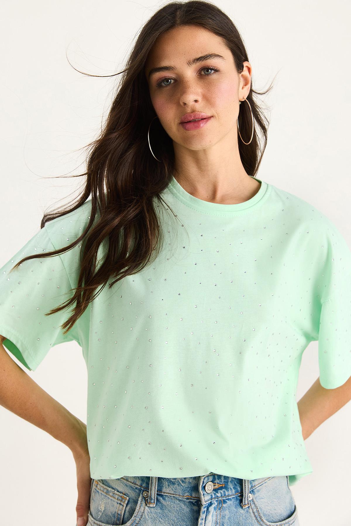 Kadın Pul Detaylı Bisiklet Yaka Kısa Kollu T-Shirt 3028 60283149 - Su Yeşili - Su Yeşili / M