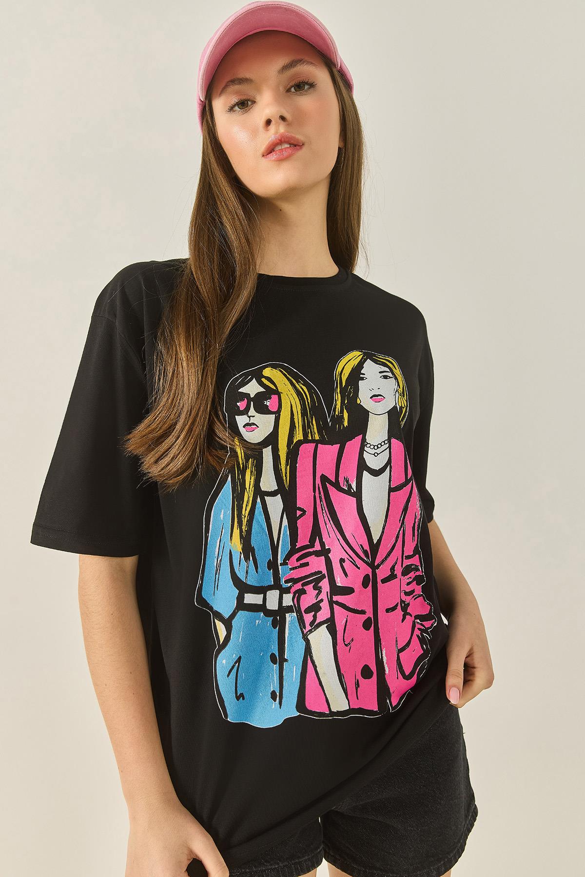 Kadın Bisiklet Yaka Baskılı Kısa Kollu Kadın T-Shirt 5242 60284049 - Siyah - Siyah / L