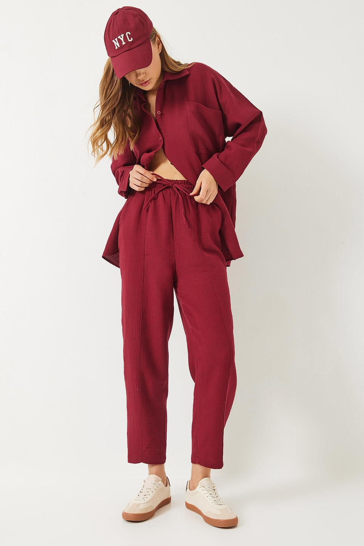 Kadın Oversize Gömlek Şalvar Pantolon Müslin Alt-Üst Takım 9259 60283113 - Bordo - Bordo / 36