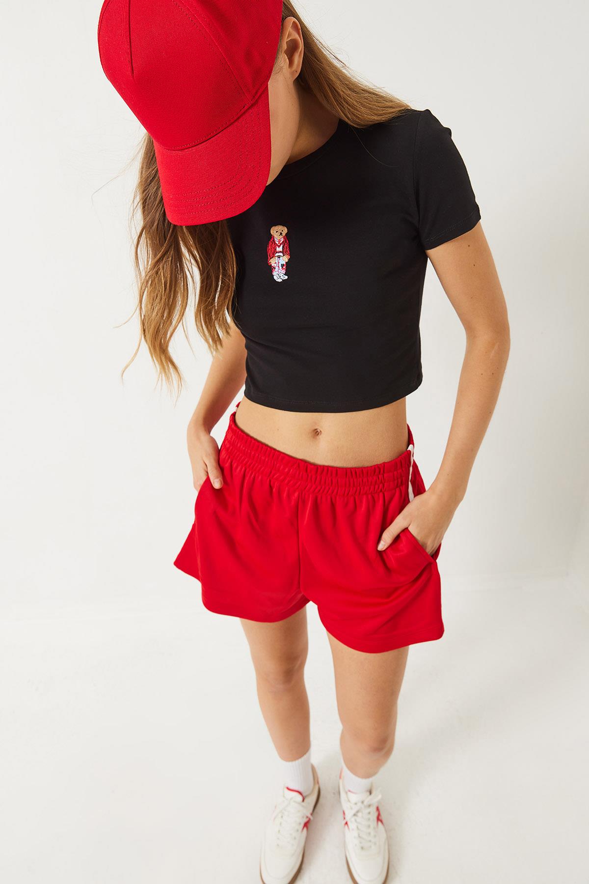 Kadın Teddy Nakışlı Kısa Kollu Fit Crop T-Shirt 60284004 - Siyah - Siyah / S