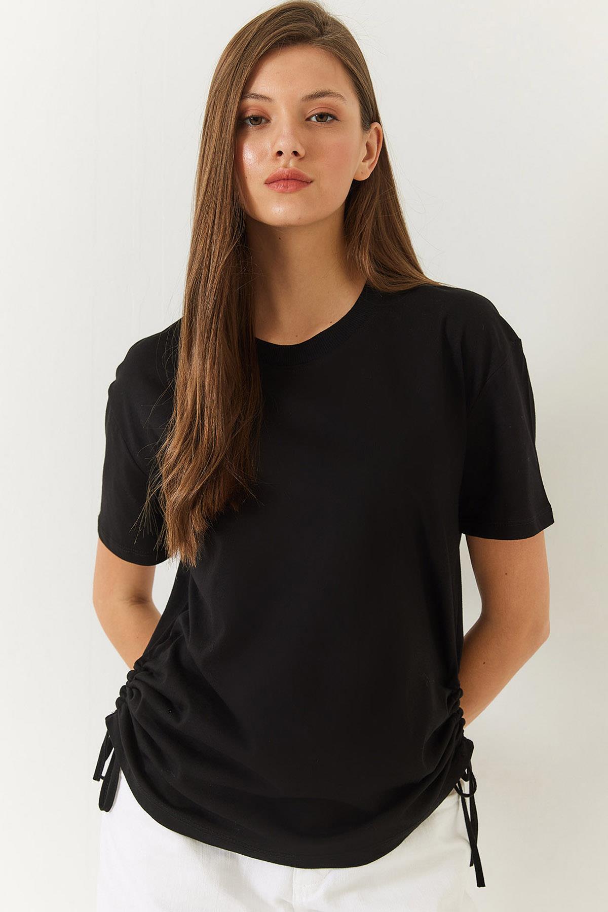 Kadın Yanları Büzgülü Basic Basic Tshirt 60602003 - Siyah - Siyah / S
