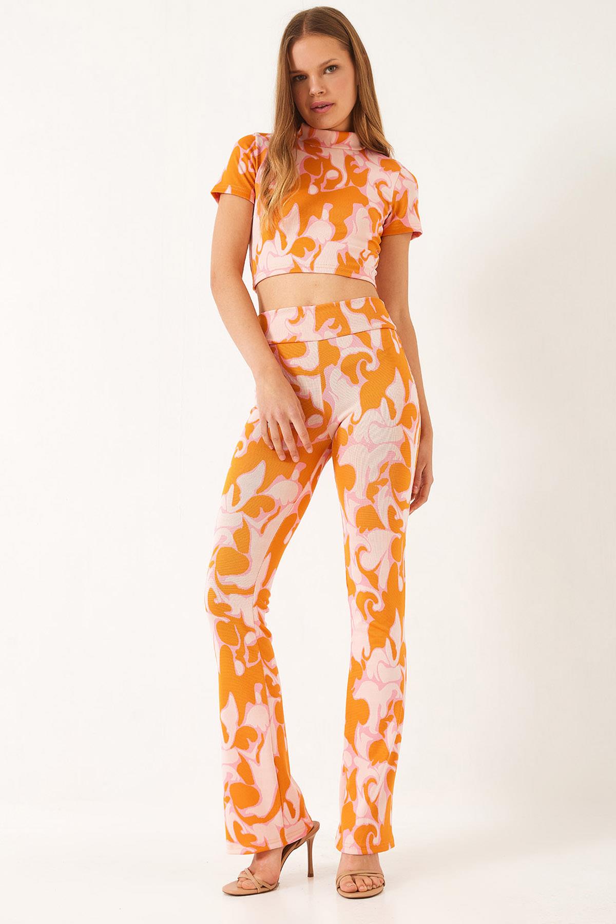 Kadın Yarım Balıkçı Yaka Kısa Kollu Crop Beli Lastikli Pantolonlu Alt-Üst Takım 60261374 - Orange-Pudra - Orange-Pudra / L