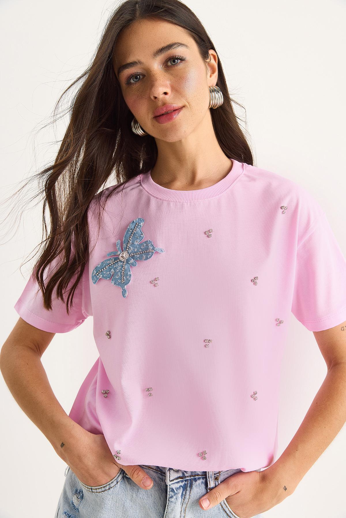 Kadın Kelebek Aksesuarlı Taş İşlemeli Kısa Kollu T-Shirt 60602036 - Pembe - Pembe / S