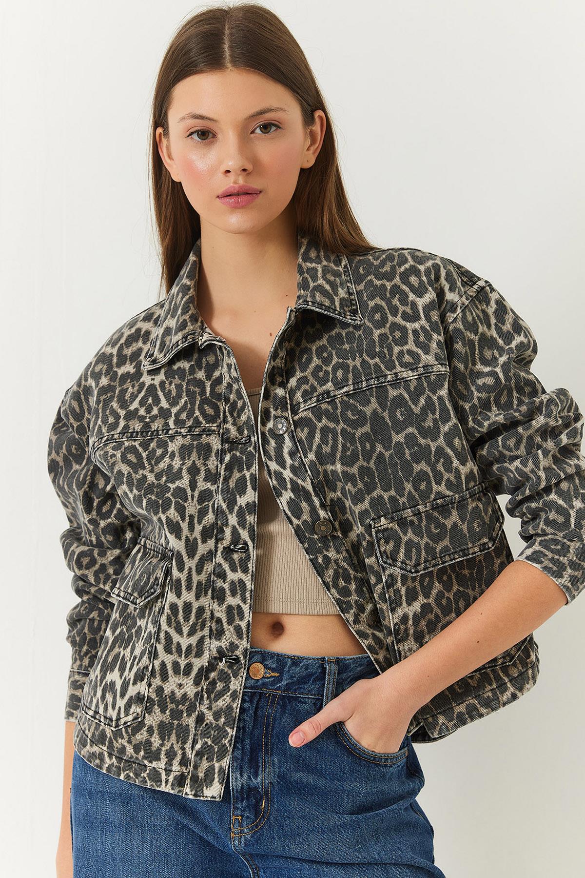 Kadın Leopar Desenli Cep Detaylı Yıkamalı Gabardin Ceket 239700 60261378 - Bej - Bej / XL