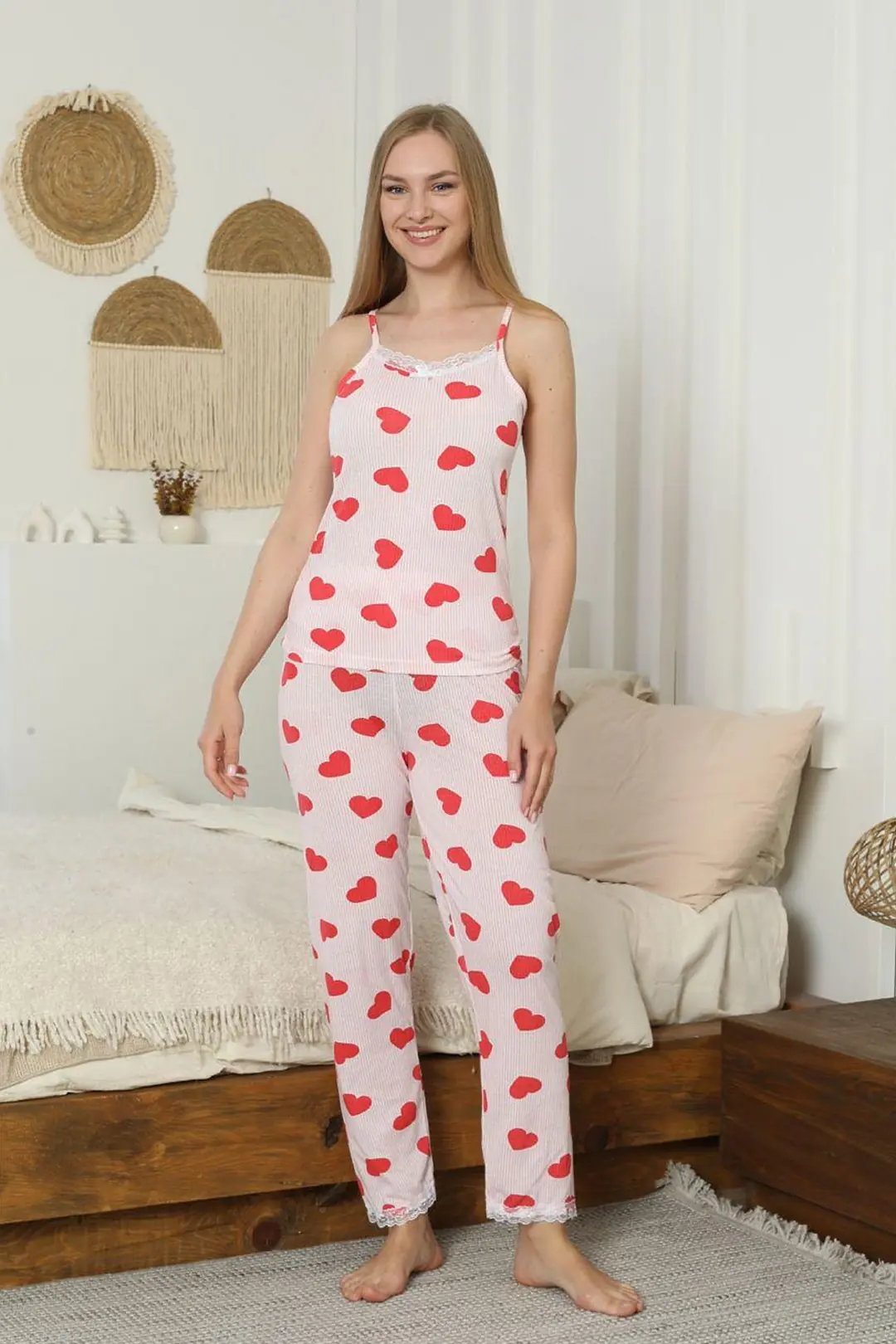 Kadın İp Askılı Kalp Desenli Pijama Takımı - TM5354113