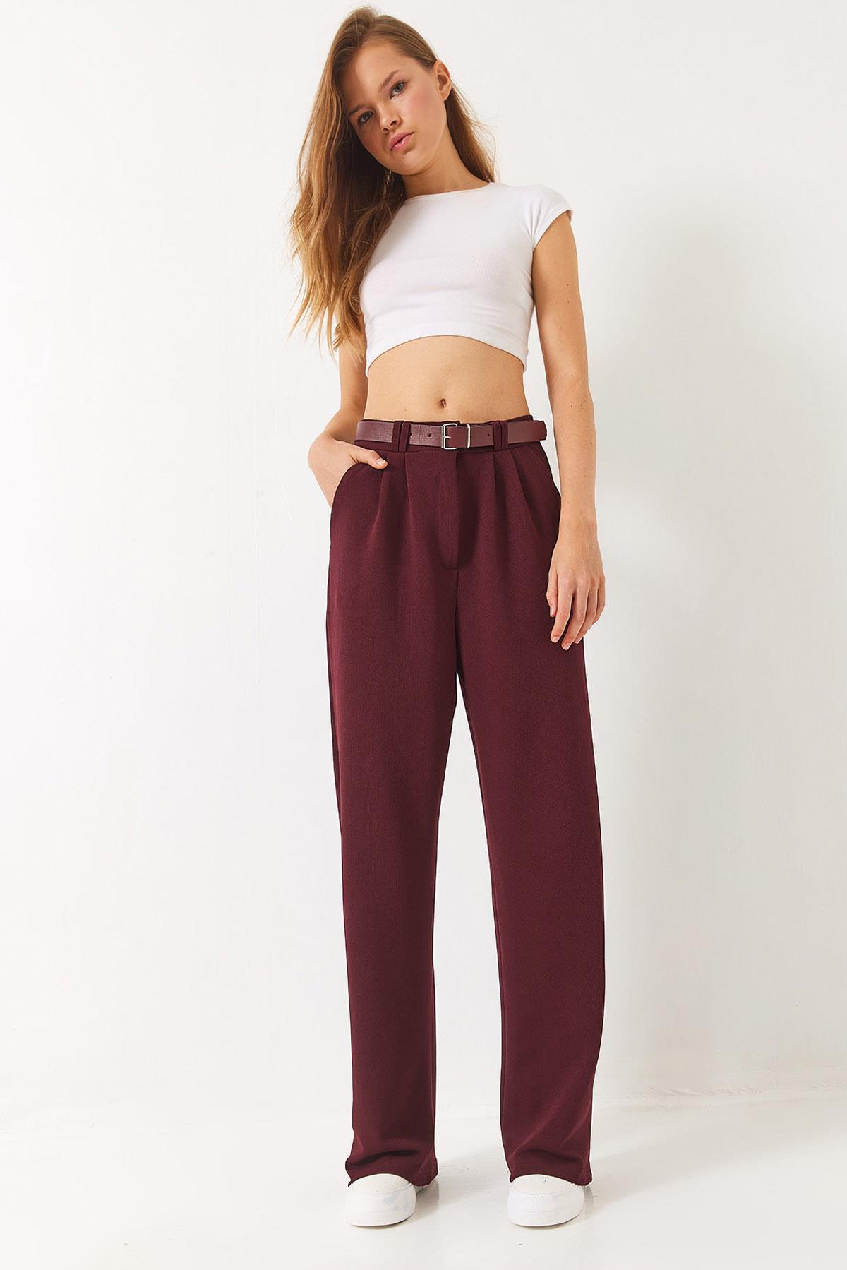 Kadın Çift Pile Detaylı Kemerli Örme Pantolon 3851 60261449 - Bordo - Bordo / 36