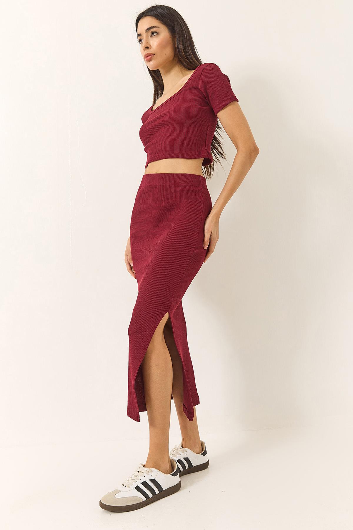 Kadın Kare Yaka Kısa Kollu Crop Yırtmaç Detaylı Kaşkorse Alt-Üst Takım 60284032 - Bordo - Bordo / L