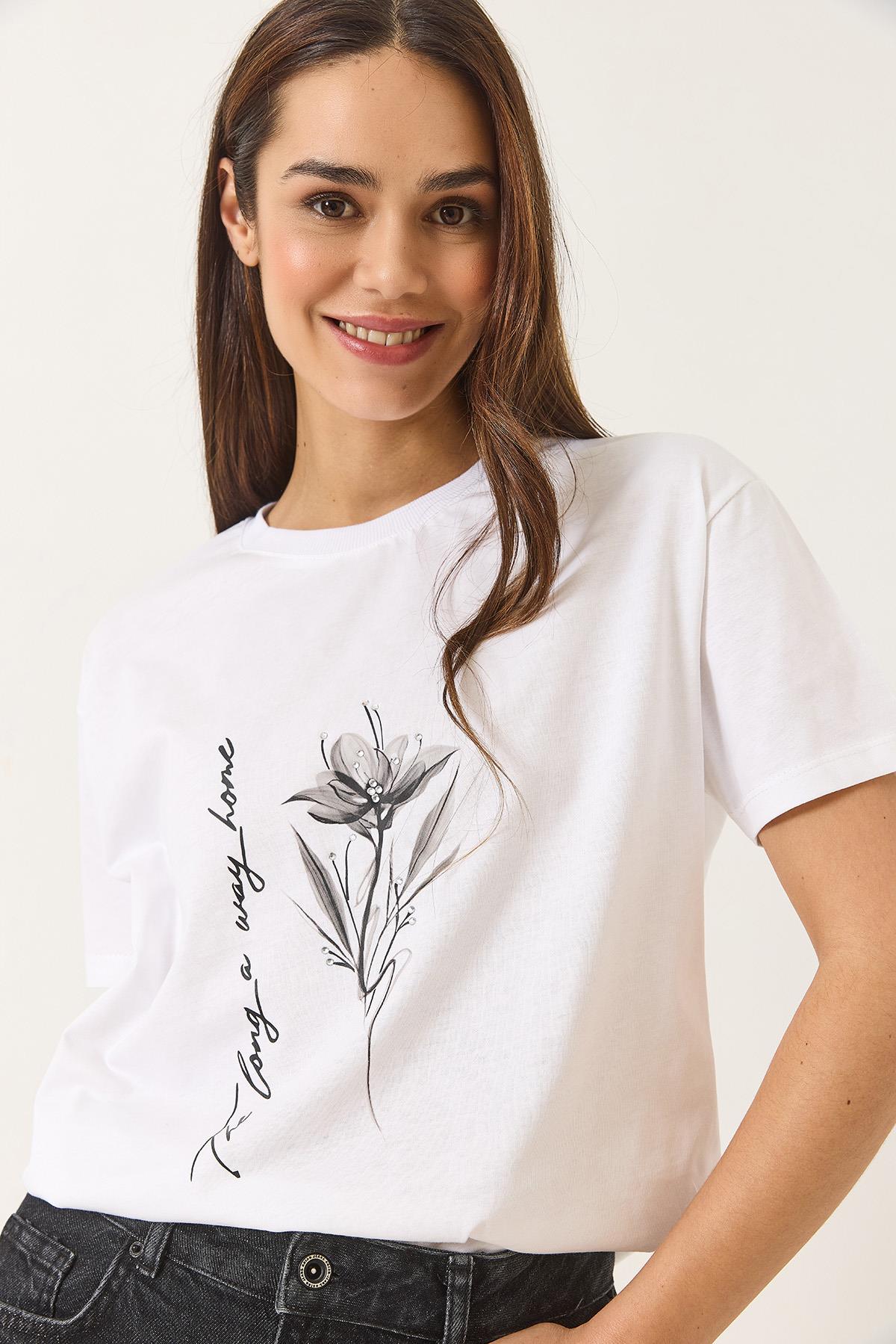 Kadın Çiçek Baskılı  Kısa Kollu Bisiklet Yaka T-Shirt 60602033 - Beyaz - Beyaz / L