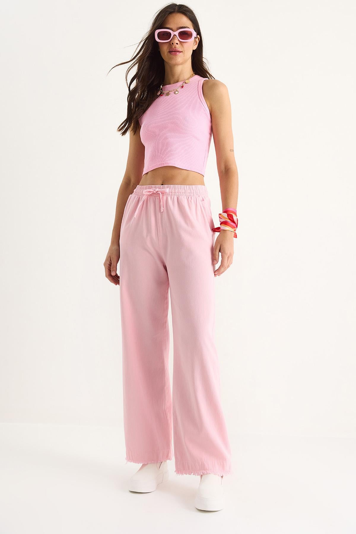 Kadın Beli Lastikli Paça Detaylı Palazzo Kalıp Pamuk Gabardin Yazlık Pantolon 60283323 - Toz Pembe - Toz Pembe / L