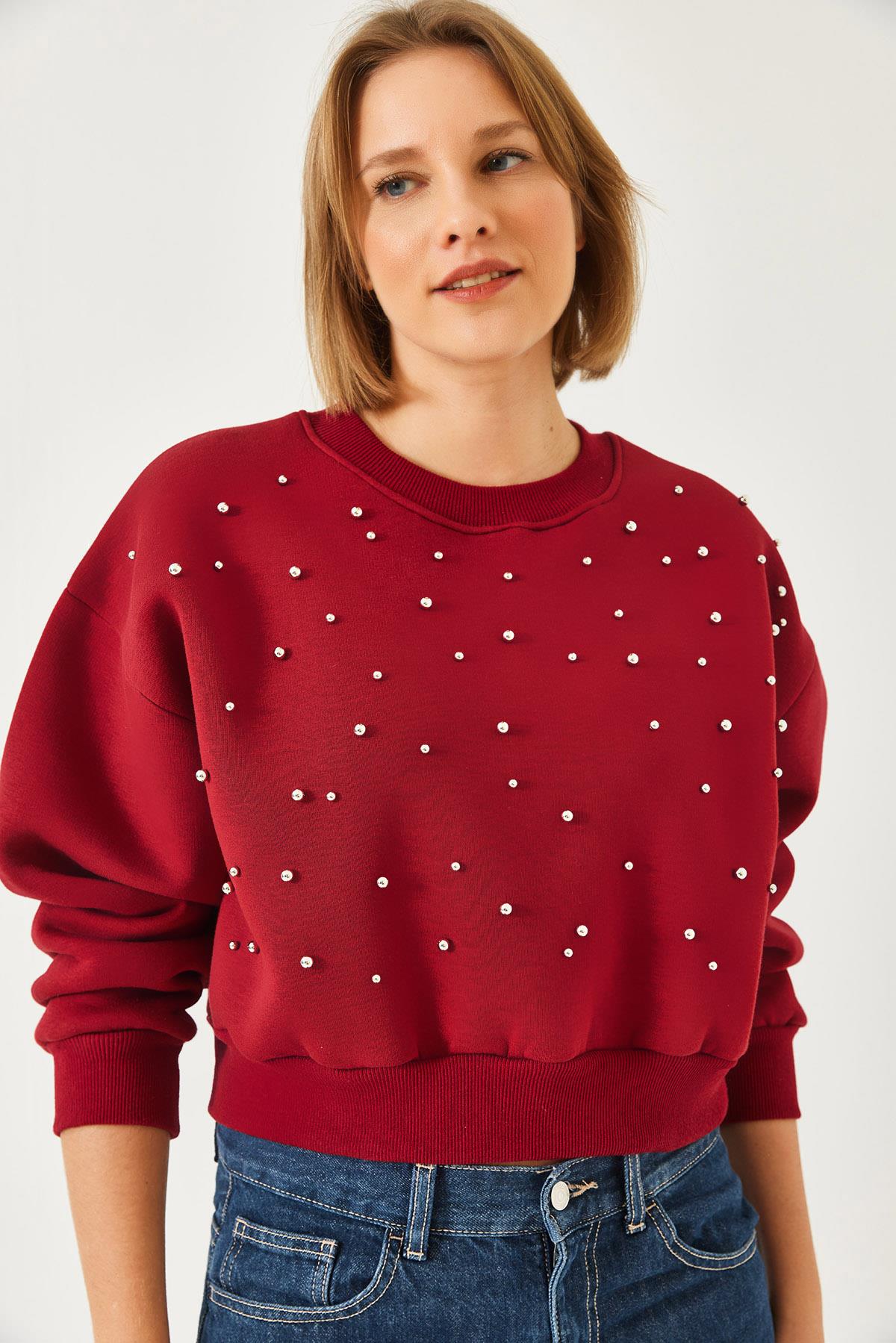 Kadın Bisiklet Yaka Önü İnci Çakmalı Üç İplik Şardonlu Sweatshırt 60601041 - Bordo - L