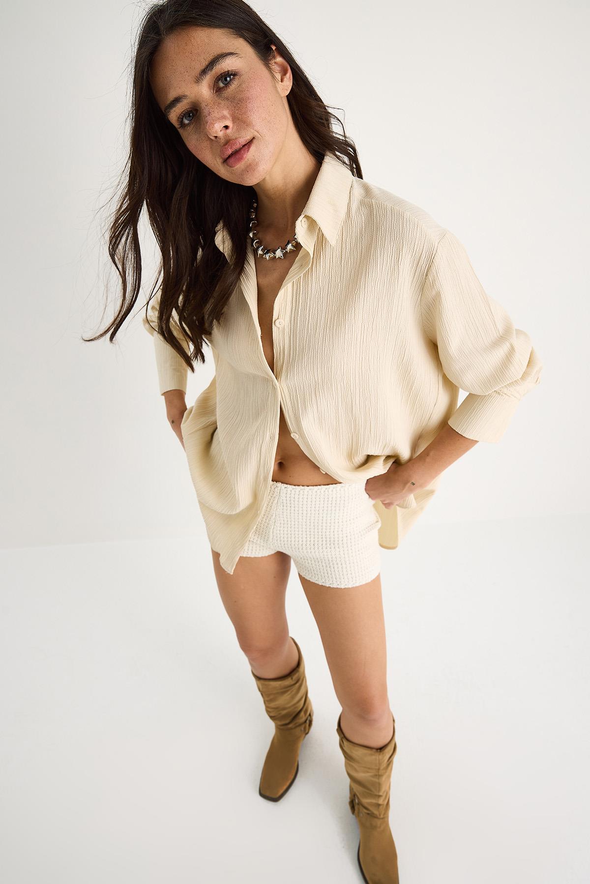 Kadın Düşük Omuz Oversize Basic Bürümcük Gömlek 60392 60271069 - Bej - Bej / S