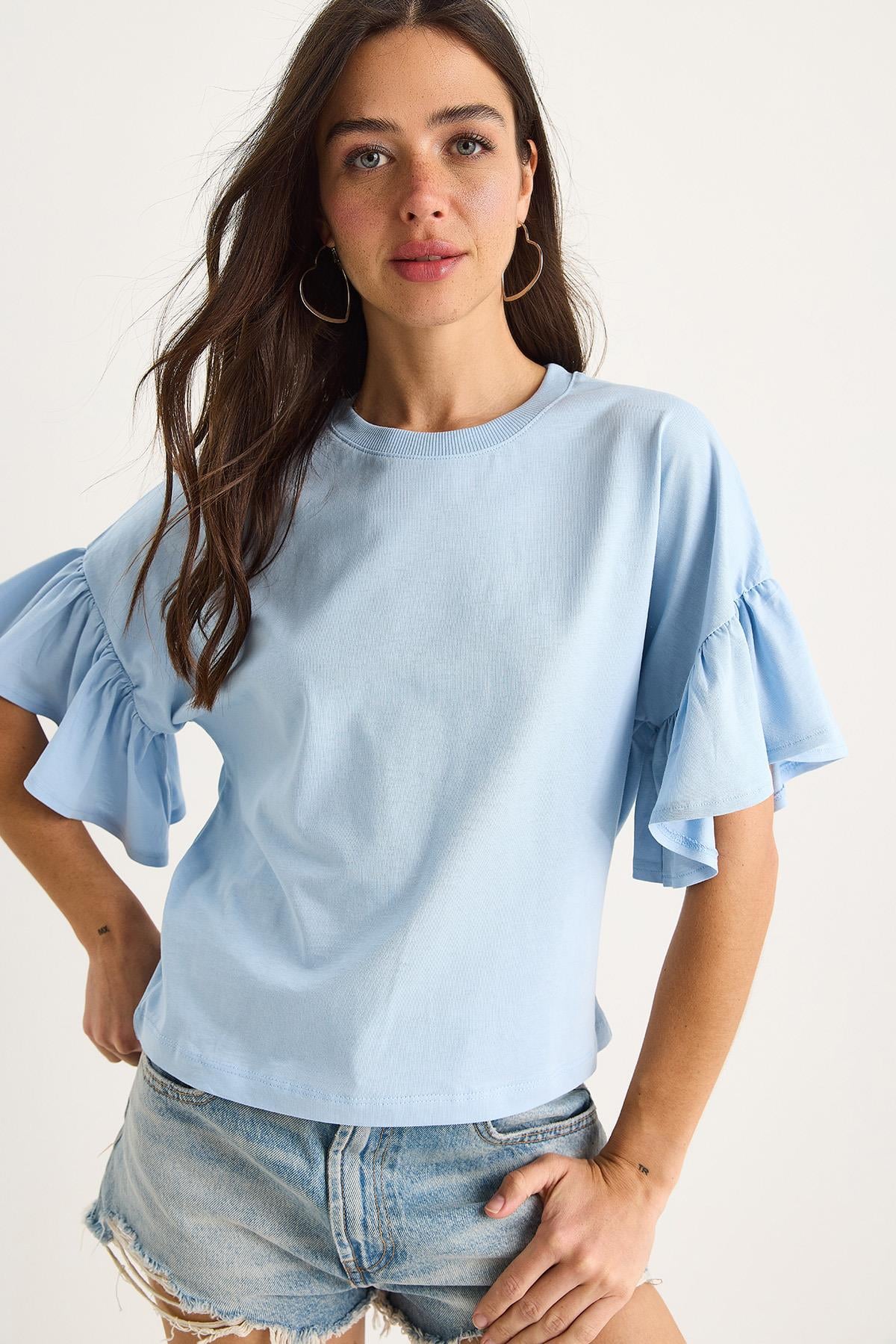 Kadın Kolları Fırfırlı Bisiklet Yaka Pamuklu T-Shirt 60602074 - Bebe Mavisi - Bebe Mavisi / M